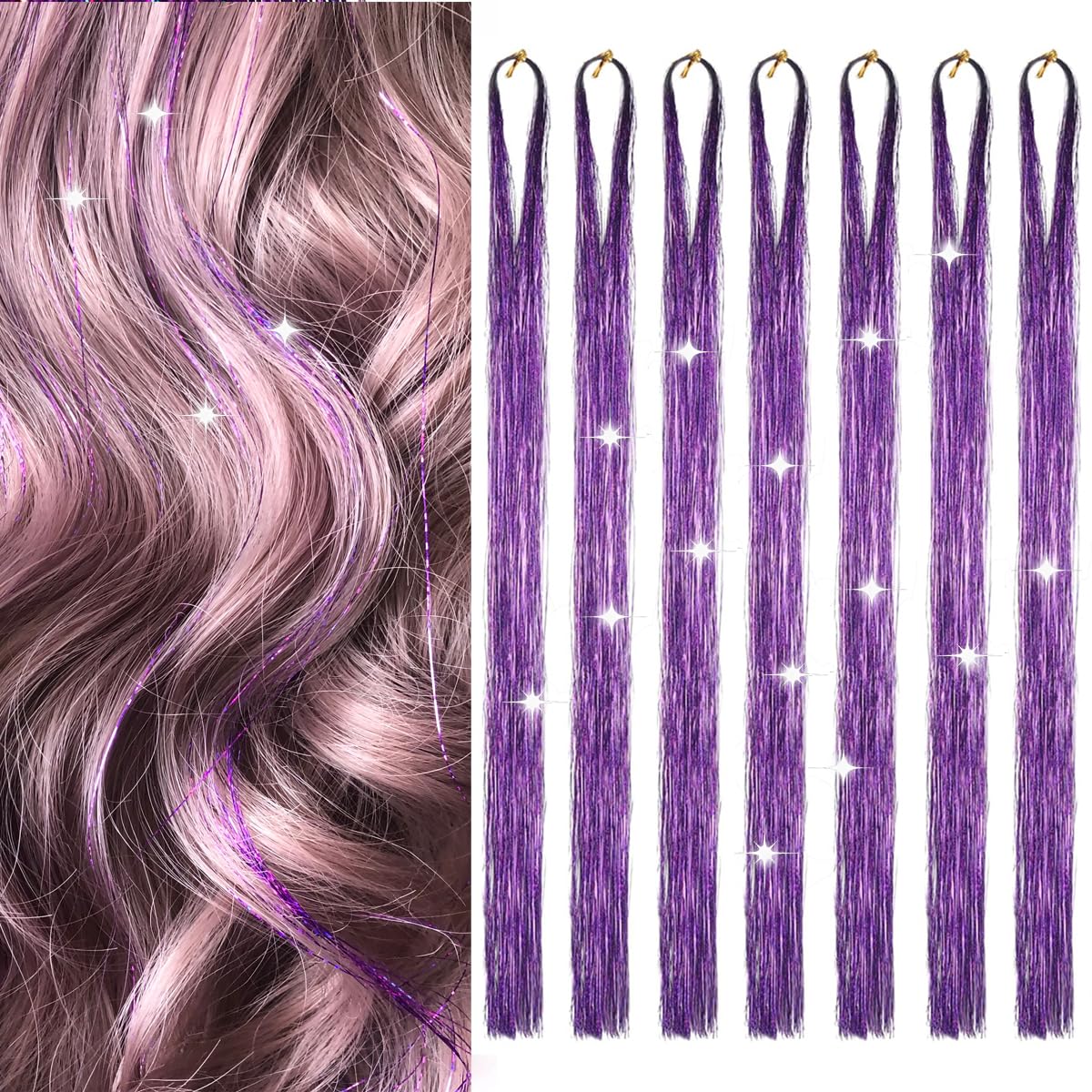 Hair Tinsel 8 Packs 1600 Strands 50 Inch Tinsel Hair Extensions Purple Heat Resistant Glitter Sparkling Shinny Fairy Hair Accessories for Women(Purple, 50Inch 8Packs)