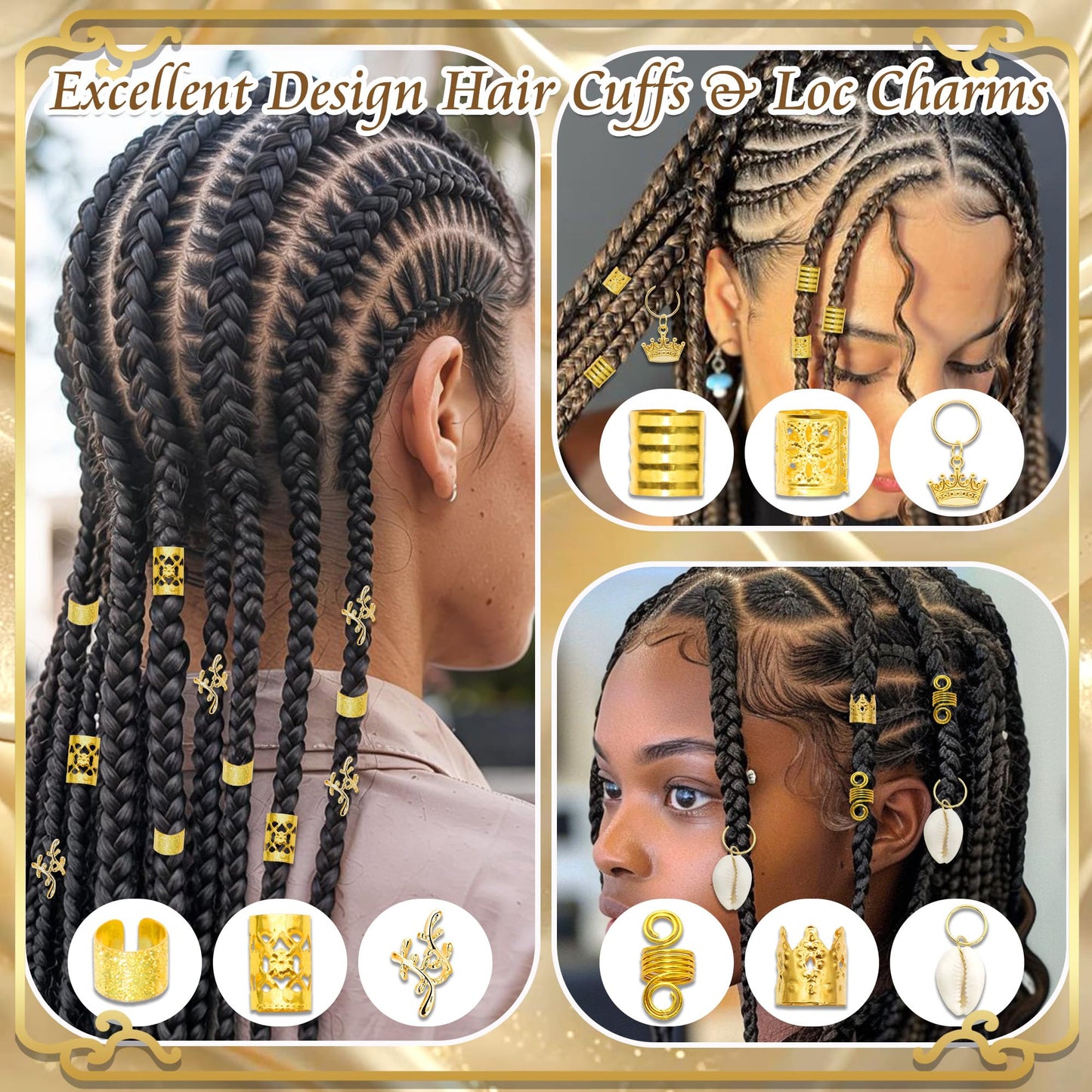 VENOFEN 274PCS Gold Hair Jewelry Shell Braids Clips Multi-Styles Loc Dreadlock Pearl Hair Charms Pendants Decor Braids Clips Accessories for Women Girls