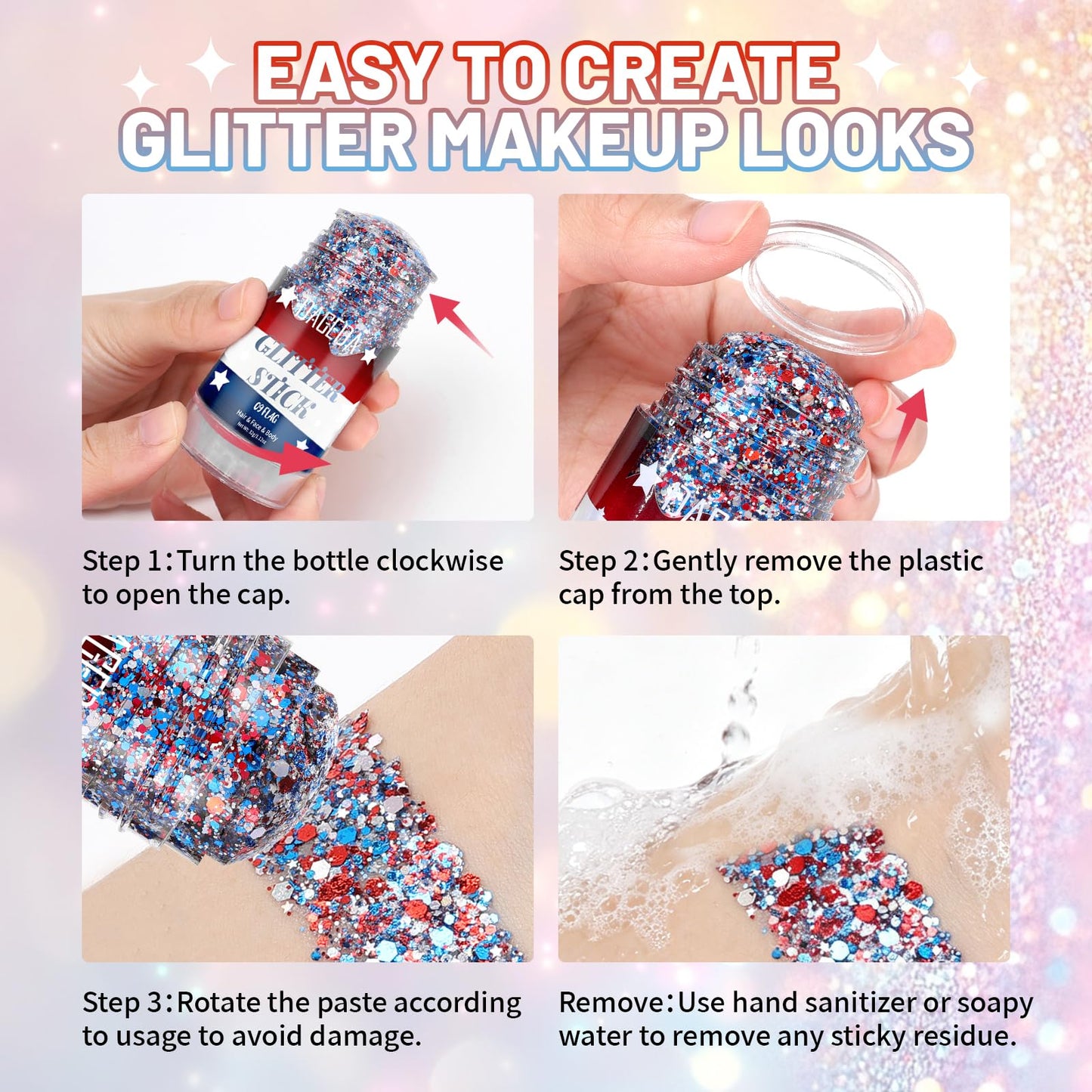 DAGEDA Red White Blue Body Glitter Stick,4th of July Accessories Hair Face Glitter Makeup for Women,Sparkle Patriotic Glitters Face Paint Stick,Memorial Day Fourth of July Outfits for Girls 1.12 oz