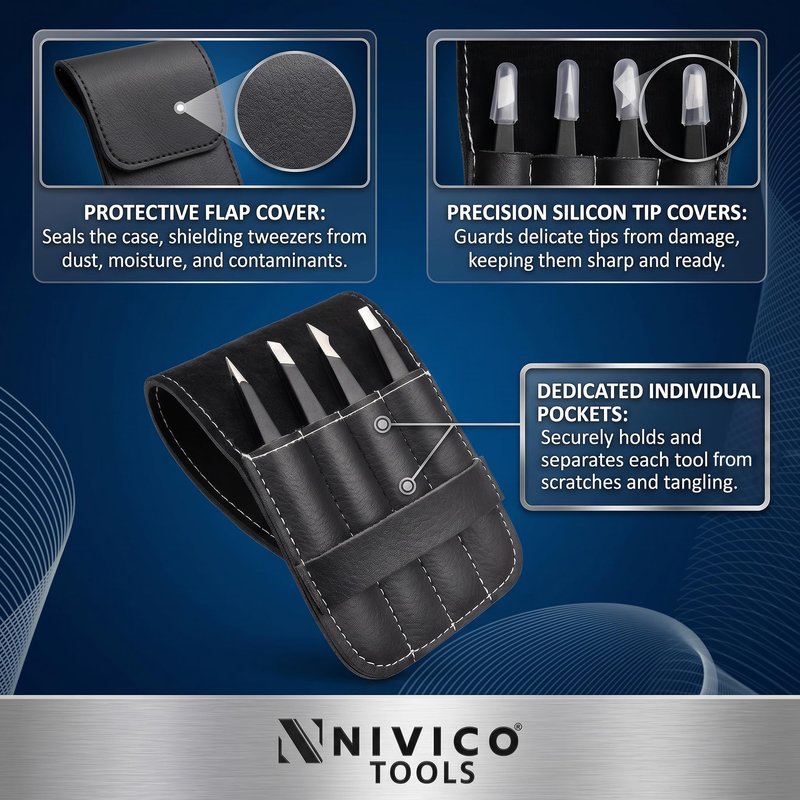 Nivico Tools Premium Eyebrow Tweezers Set – Professional Surgical-Grade Stainless Steel Precision Plucking Kit (Slant, Pointed, Flat, Angled) – Facial Hair & Splinter Removal with Leather Pouch