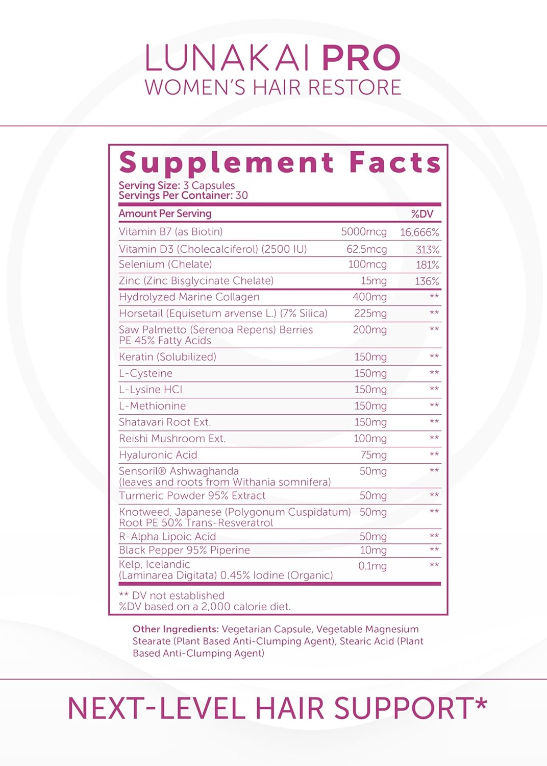 Lunakai Hair Growth Supplement for Women - 20 Nutrient Formula with Marine Collagen & Biotin | 90 Capsules