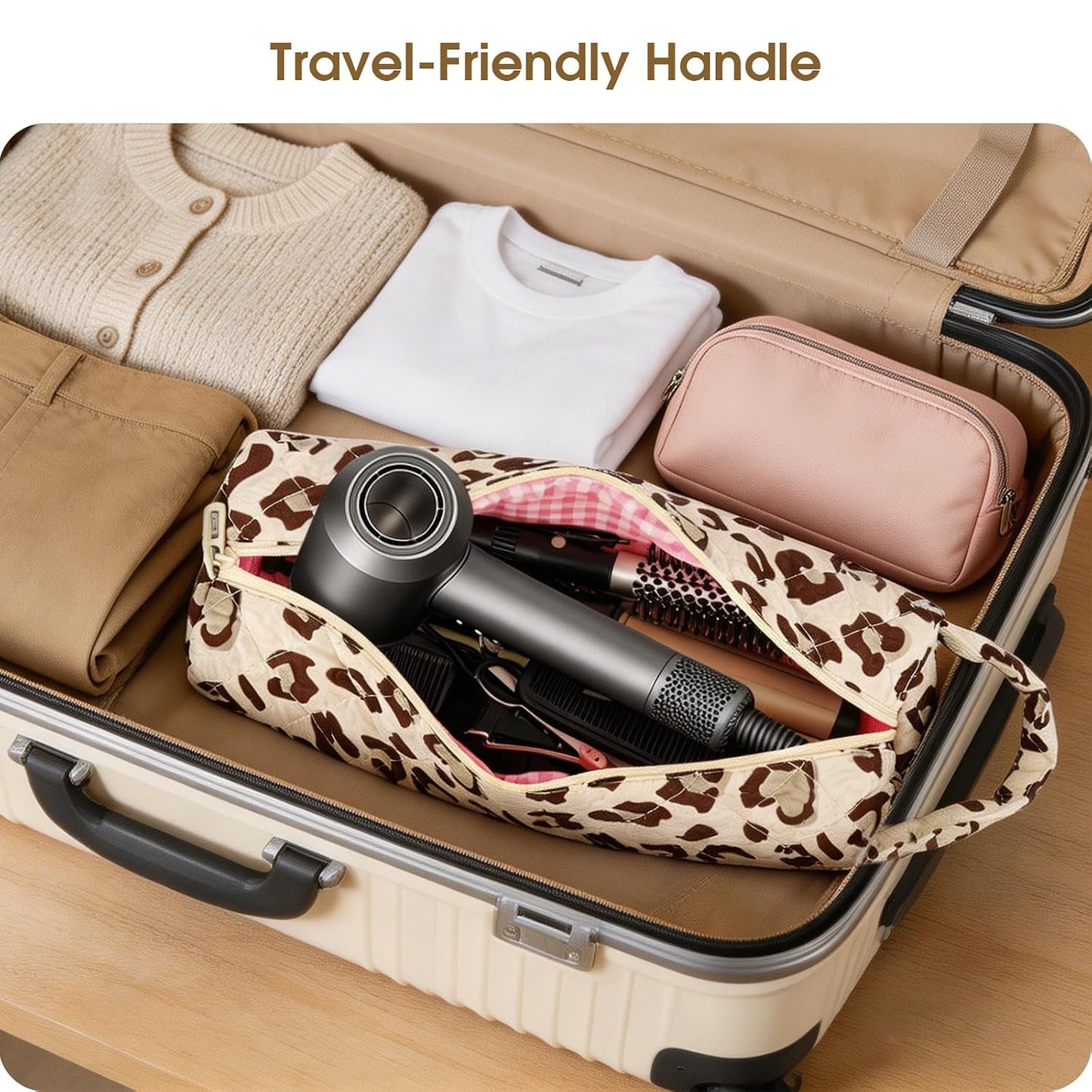 Quilted Travel Bag for Hair Tools - Compatible with Dyson Airwrap & Shark Flexstyle | Large Leopard Organizer