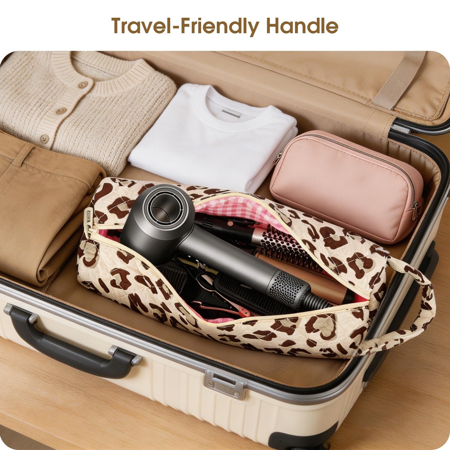 Quilted Hair Tools Travel Bag, Compatible with Dyson Airwrap Shark Flexstyle Hair Dryers, Curling Irons Organizer, Portable Large Hair Styling Tool Storage Case, Travel Essentials, Leopard
