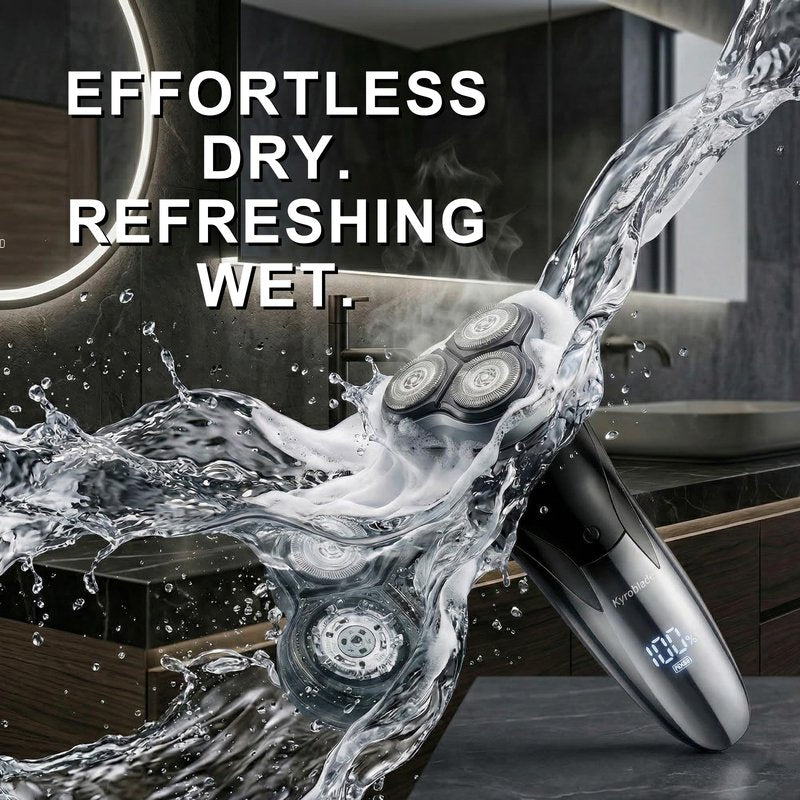 KyroBlade Electric Shaver for Men, 7100 RPM Rotary Razor with 3D Floating Heads & Pop-Up Trimmer, IPX7 Waterproof Wet & Dry, 150-Min Runtime, LED Battery Display, Travel Lock, USB-C, Black/Silver