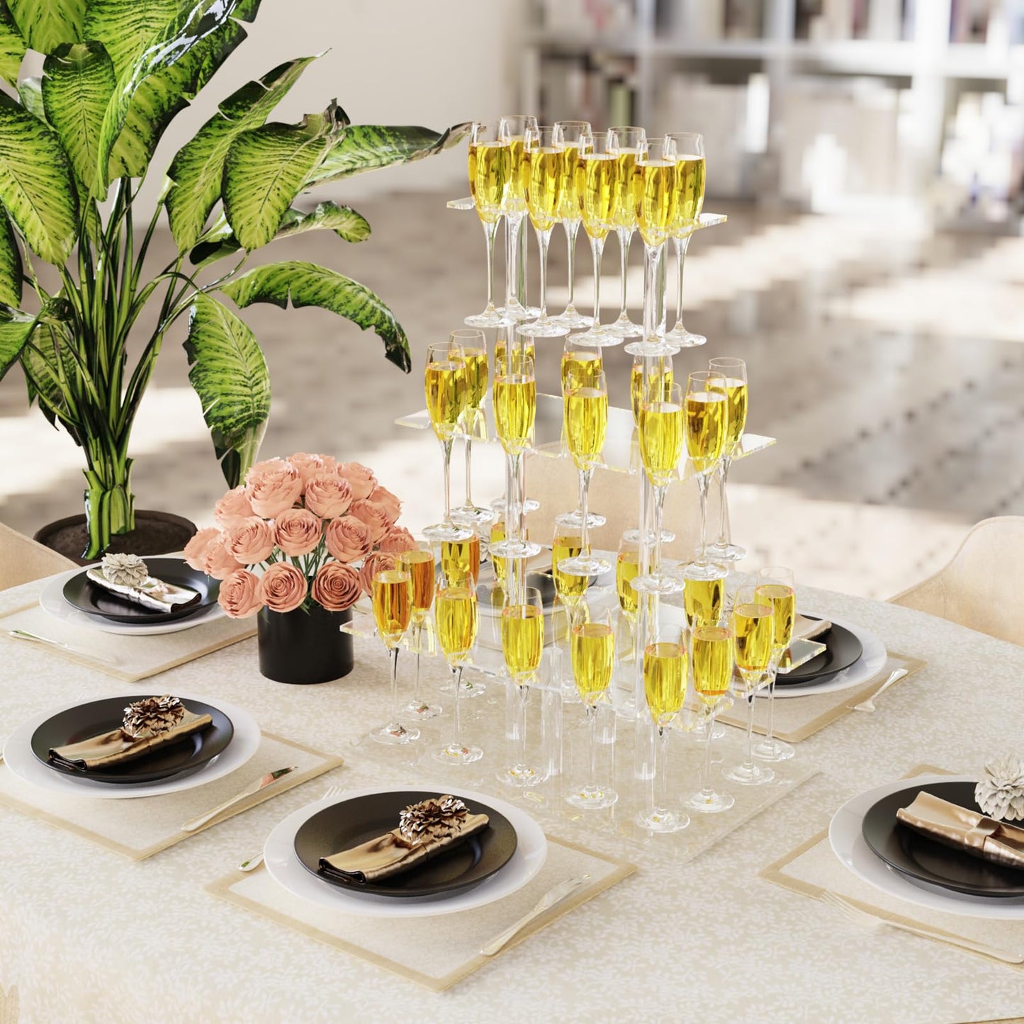Nynelly Champagne Display Holder Stand for Party With 32 Slots, 3 Tier Acrylic Champagne Tower Wine Glass Holder, Tabletop Champagne Flutes Holder Stemware Rack with Led Strip, 19.7x11.8x26.2 inch
