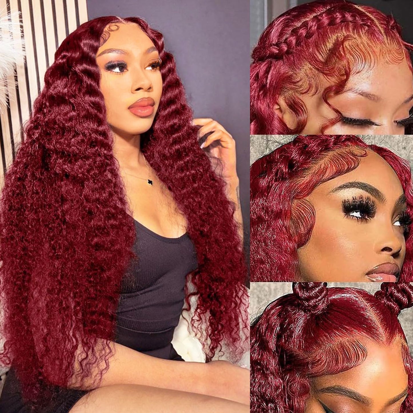 Burgundy Human Hair Wig - Water Wave Lace Front, 26-Inch 99J Deep Wave for Women | HD Transparent 13x4