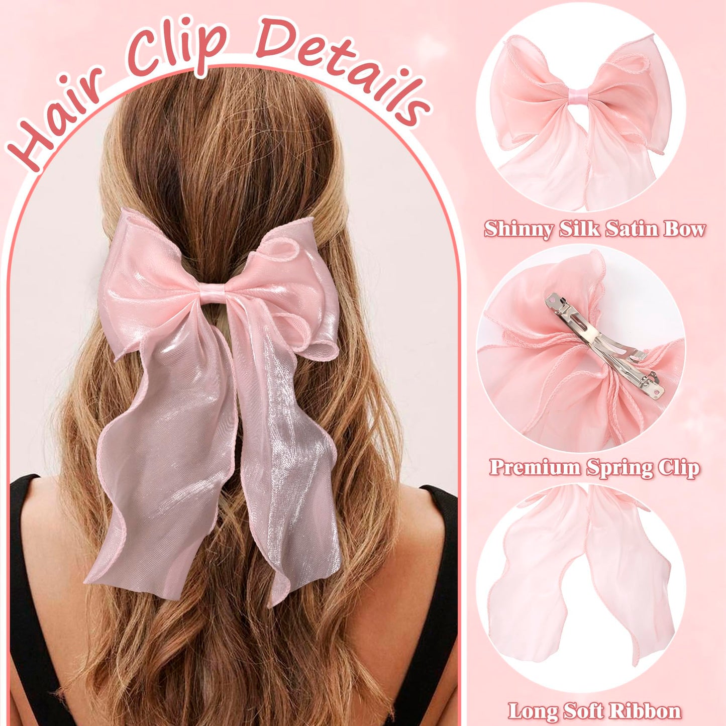 SmallCat 2 Pcs Pink Hair Bow, Elegant Pink Bows for Hair, French Bow Hair Clips, Silk Yarn Ribbon Hair Bows for Women,Festivals, Party, Wedding (White, Pink)