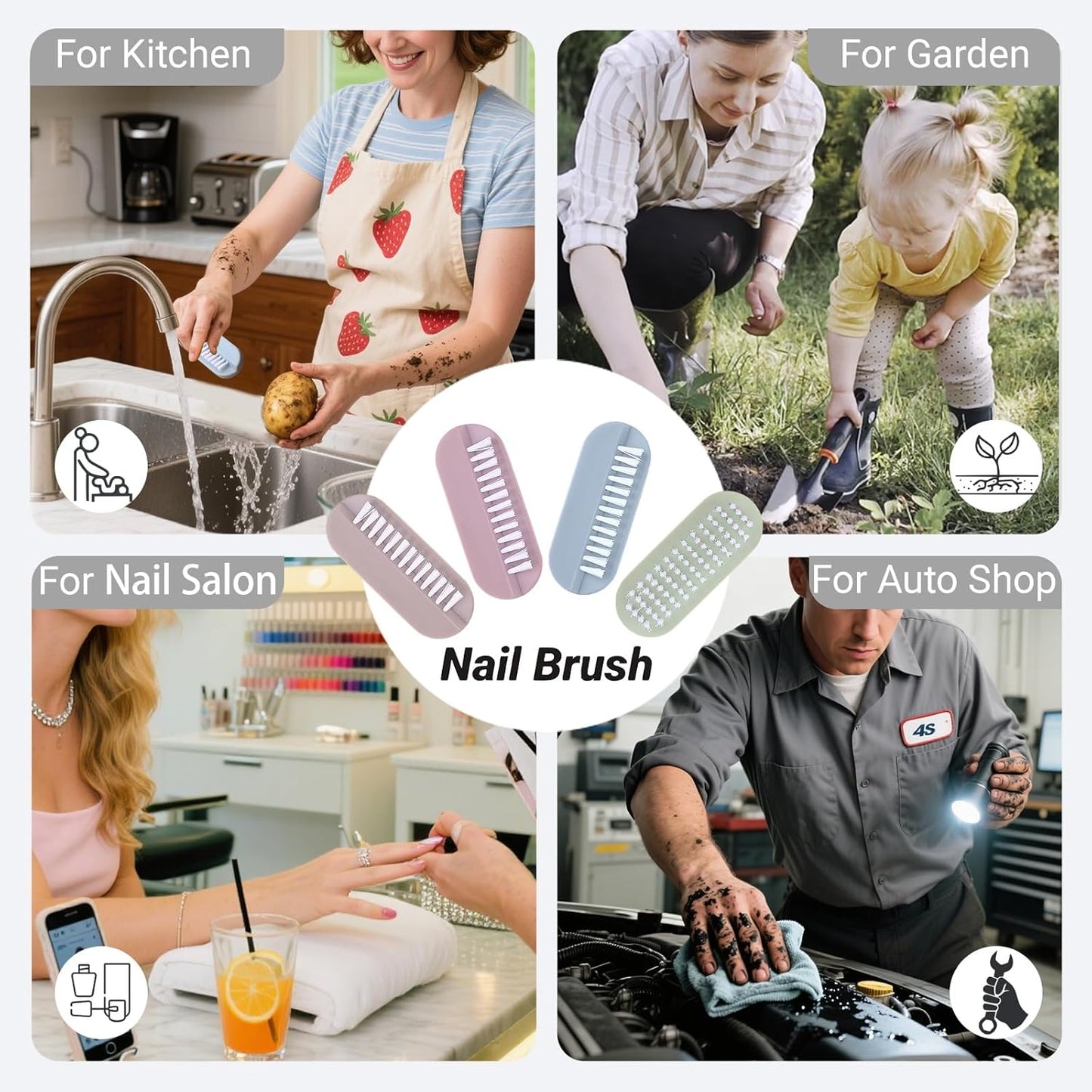 Nail Brush for Cleaning Fingernails - 2-Sided Scrub Brush with Soft & Stiff Bristles | 4-Pack for Men, Women & Kids