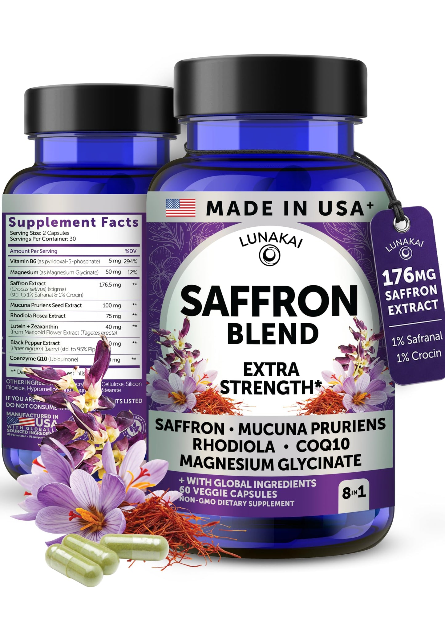Lunakai USA Made Saffron Supplements for Women & Men 176mg – 8-in-1 Saffron Extract Capsules with Rhodiola & Mucuna for Daily Mood, Focus & Eye Support, Non-GMO, 60ct