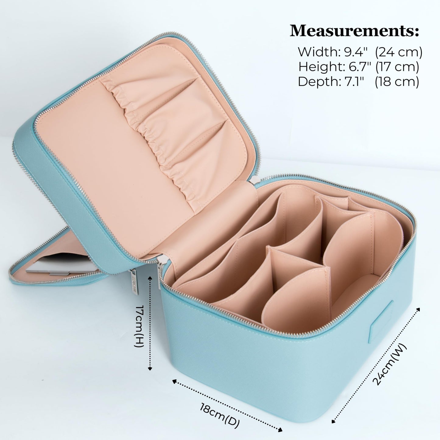 ZEVGANI Travel Makeup Bag Vanity Case with Mirror, Large Toiletry Bag Portable Leather Makeup Bag Organizer with Dual Compartments Removable Dividers for Skincare & Brushes, Blue