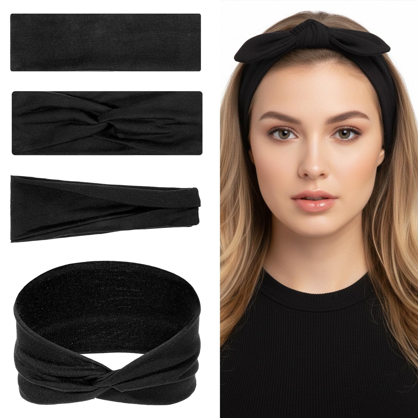 Molain 4 Packs Black Headbands for Women, Stretchy Anti-Slip Head Bands Multi-Style Headbands Soft Womens Headscarf for Yoga Workout Sports & Daily Fashion Hair Accessories