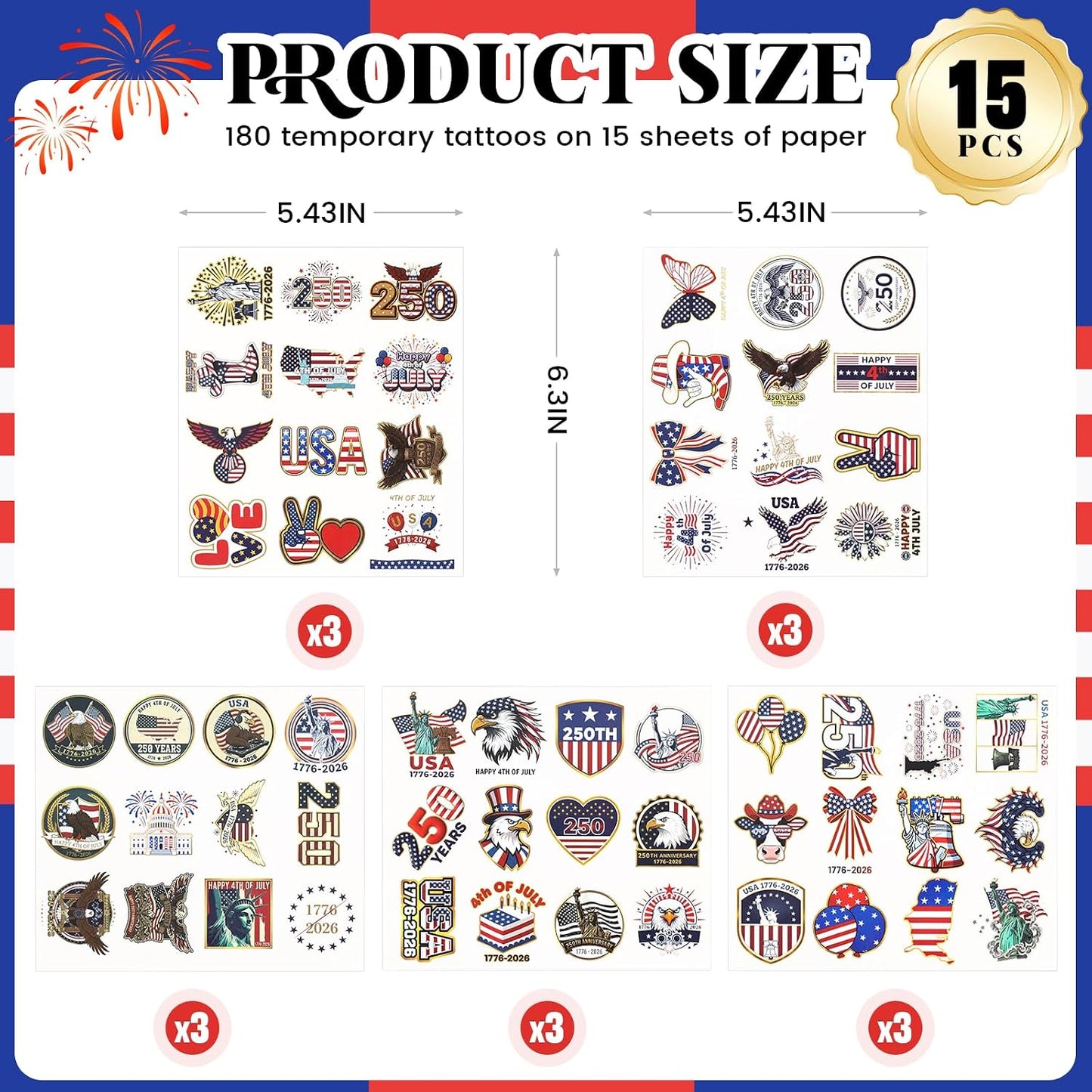 USA Temporary Tattoos - 250th Anniversary American Flag Stickers | 15 Sheets, 60 Styles for 4th of July Decor