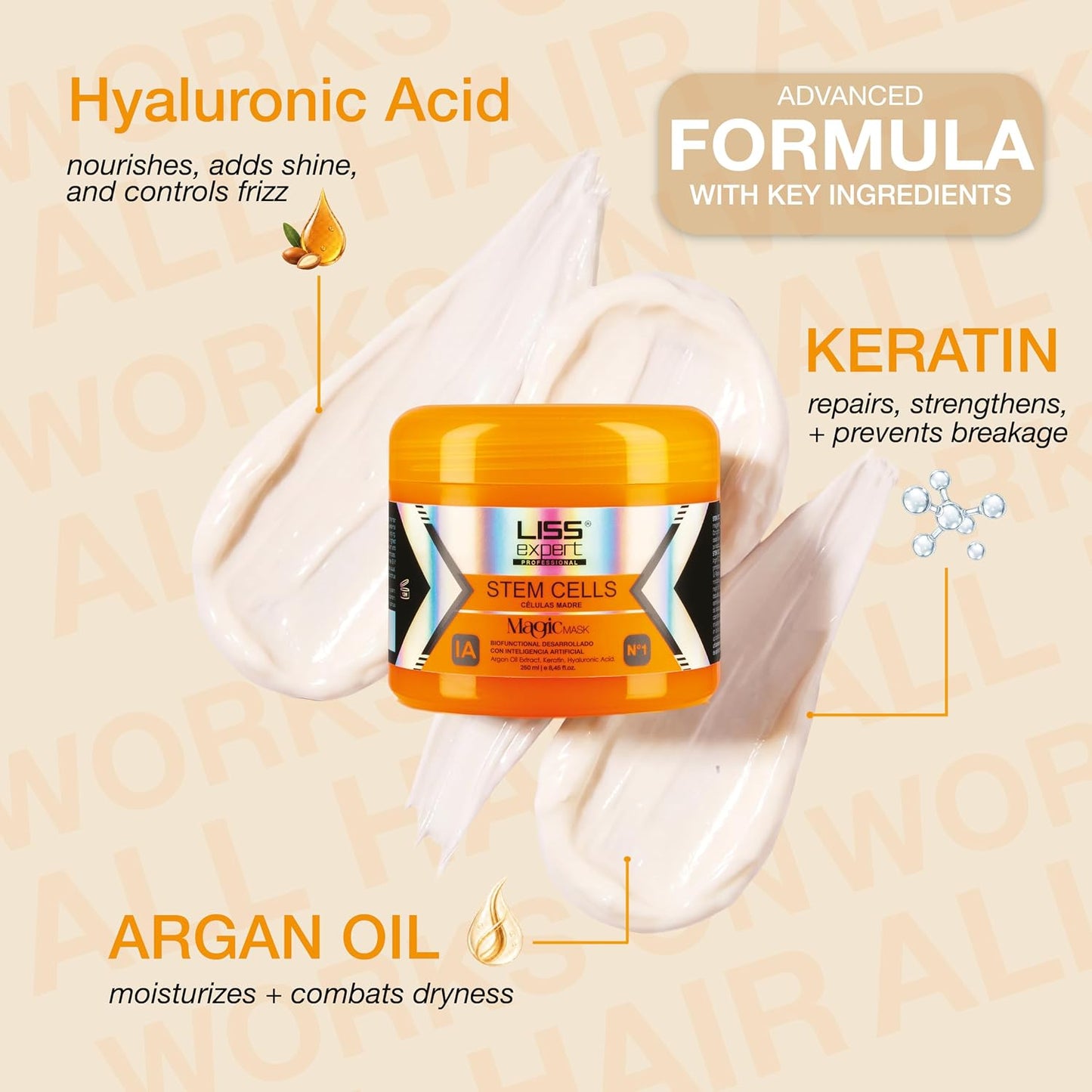 Liss Expert Magic Hair Mask - Argan Oil & Keratin | Frizz Control & Moisturizing | 8.45 oz
