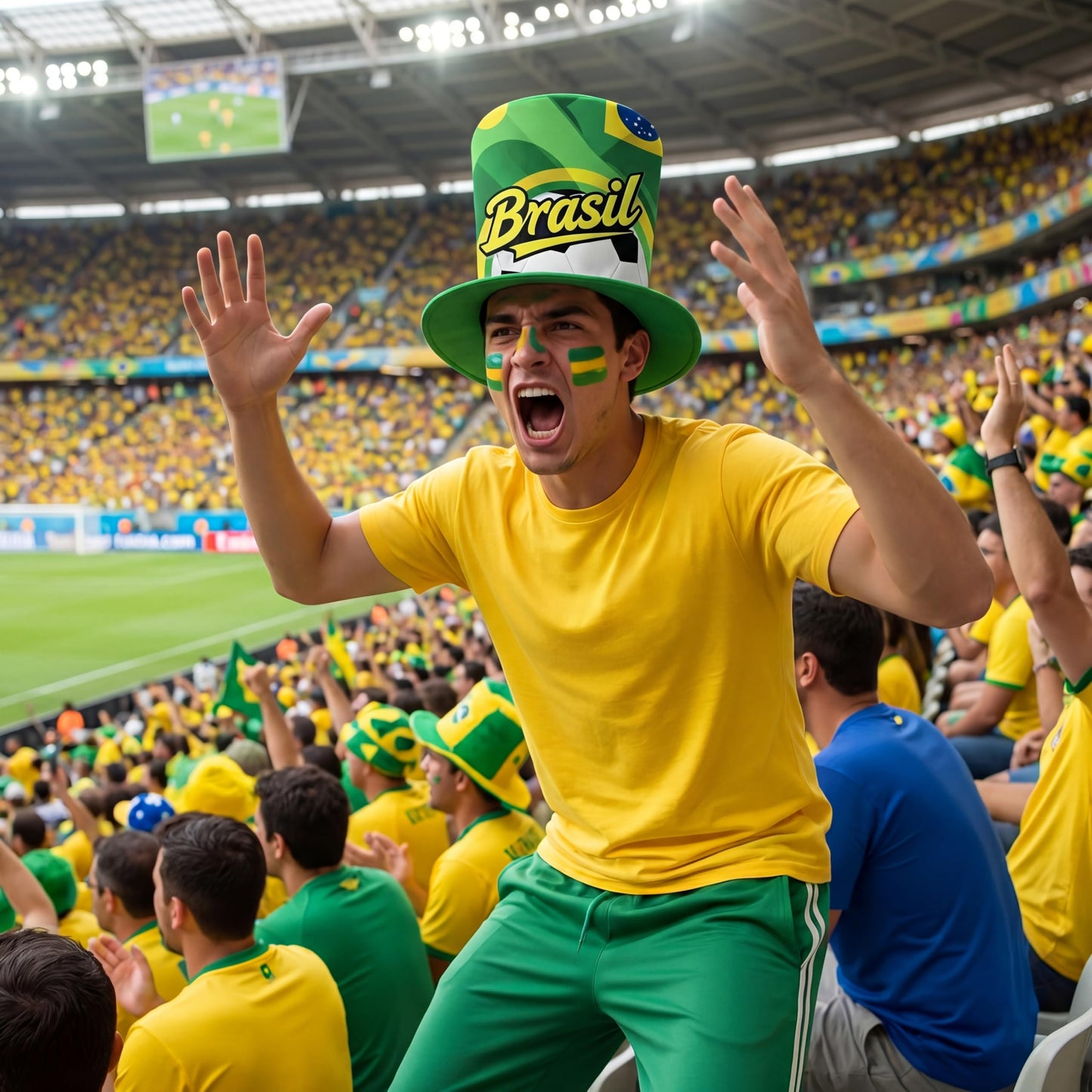 World Cup 2026 Soccer Fan Set 3PCS, Temporary Tattoo Stickers, Cheering hat,2 Cheering Stick, Brazil Football Kit for Match Viewing (Brazil)