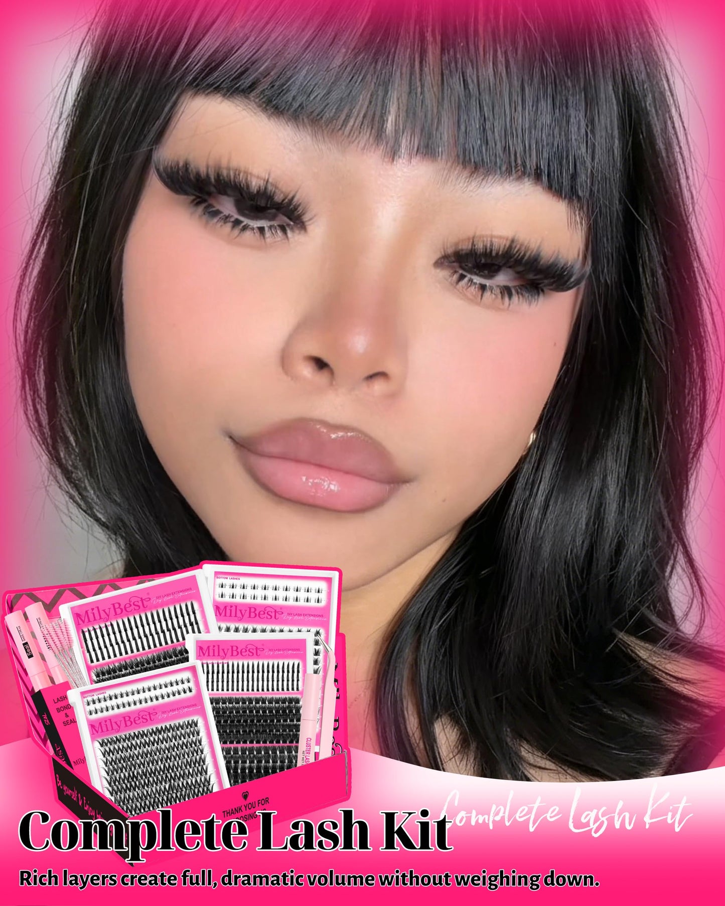 MilyBest Lash Clusters Kit 808Pcs Eyelash Clusters with Spikes and Bottom Lashes Clusters D Curl 4 Styles Lash Kit Fluffy DIY Individual Eyelashes Glue Wispy Cluster Eyelash Extensions Kit De Pestañas