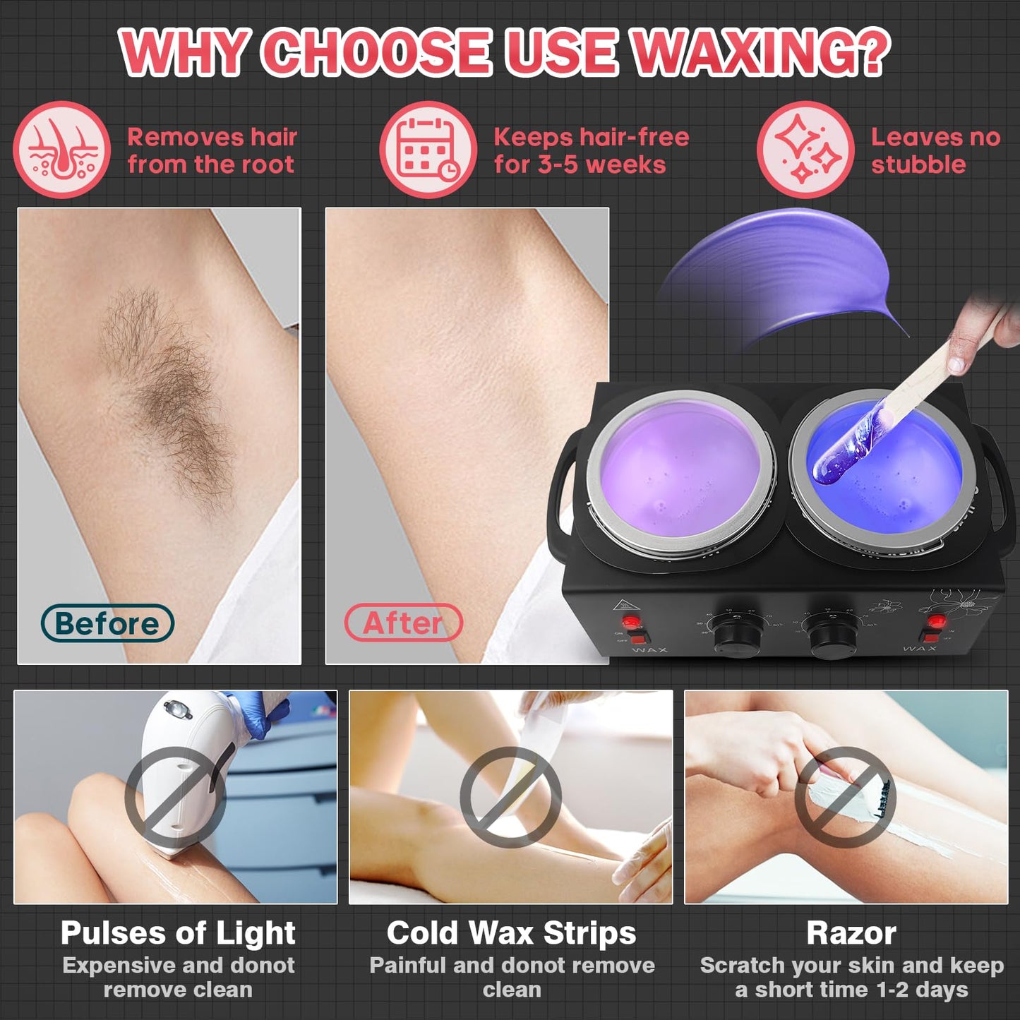 Adoture 600ML Wax Warmer Machine for Hair Removal - Professional Electric Wax Heater with Adjustable Temperature, Silicone Bowl, and 20 Wooden Wax Sticks for Women and Men