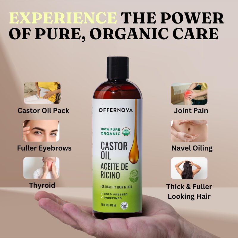 Offernova Castor Oil 16 OZ- Aceite de Ricino - Cold Pressed 100% Pure, Certified Organic, Hexane Free for Eyelashes, Eyebrows, Frizzy, Hair Growth Women and Men, Beard Growth