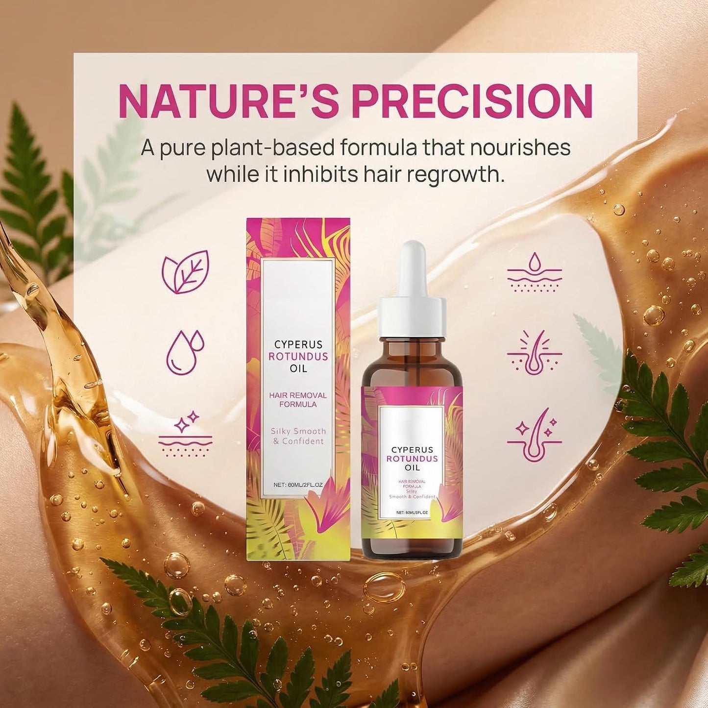 Natural Hair Removal Oil - Cyperus Rotundus Inhibitor for Slower Body Hair Growth | 60ml, All Skin Types