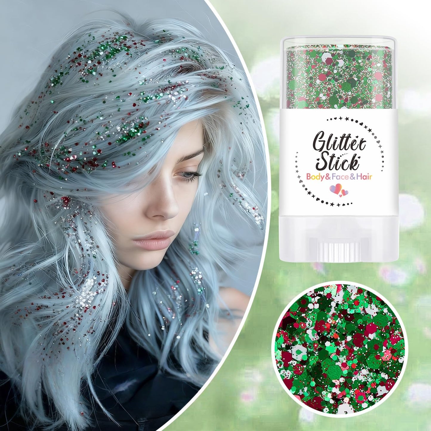 Mexico Face Glitter Stick, Sparkling Neon Outfit Accessories Party Holographic Sequins Mardi Gras Body & Hair Glitter Gel Makeup. (Red & Green & White)