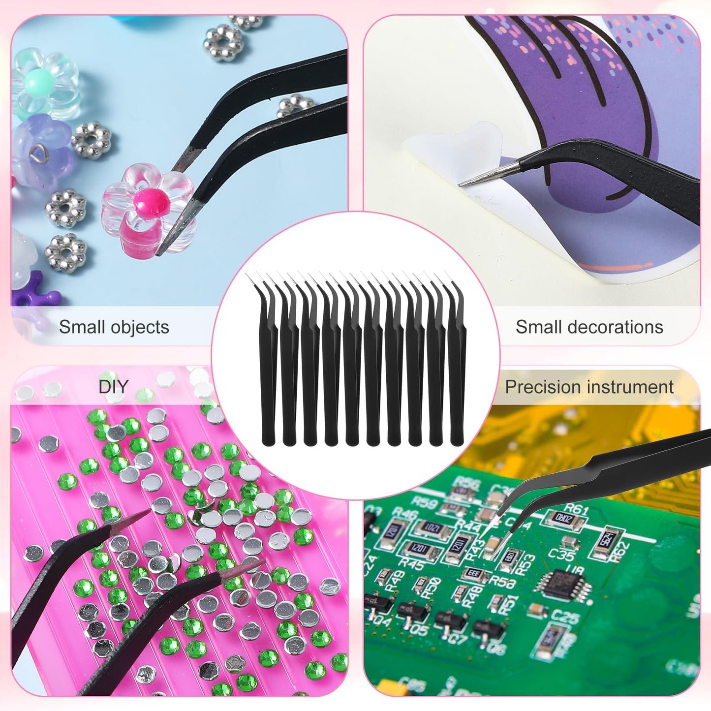 10 Pieces Tweezers for Crafting Stainless Steel Curved Pointed Tweezers Precision Sticker Tweezer with Protective Cover for Eyelash Extensions Stickers Rhinestones Crafts (Black)