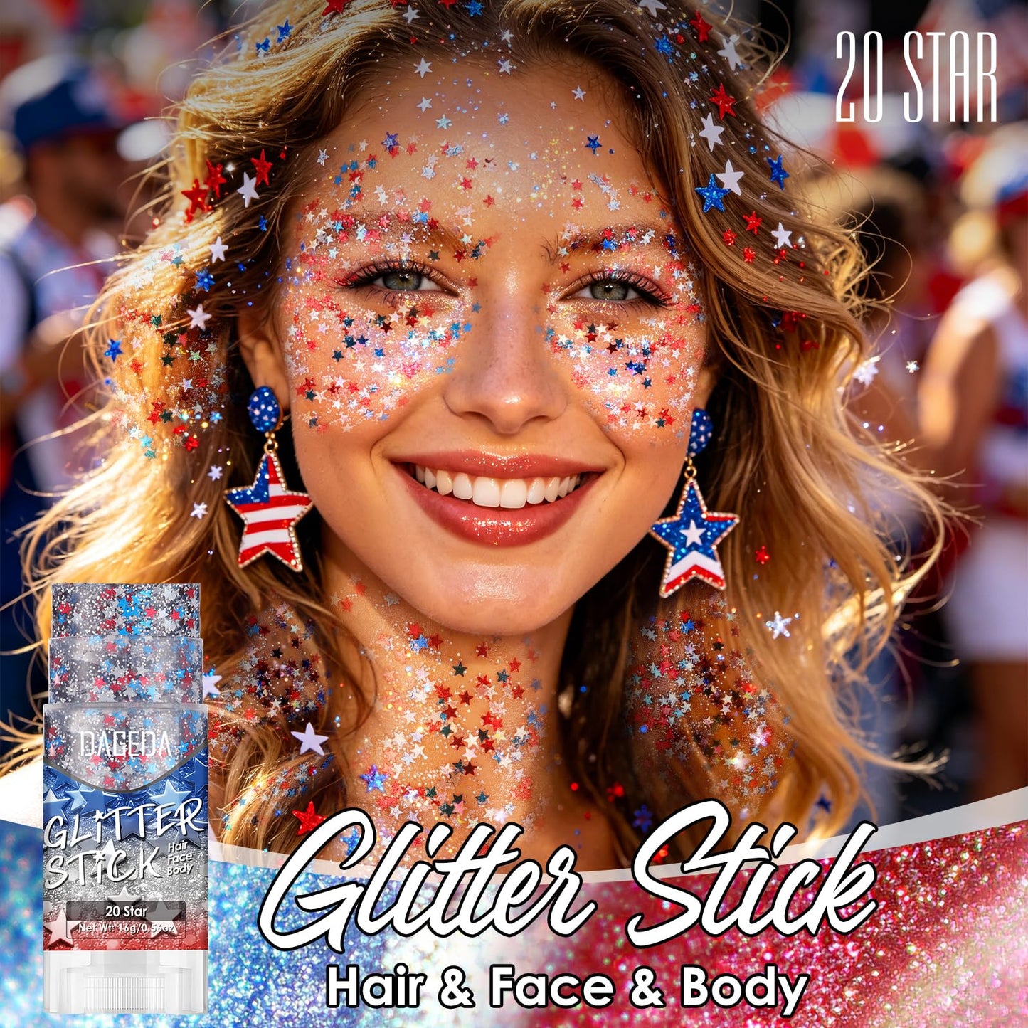 DAGEDA Star Red White Blue Body Glitter Stick,4th of July Face Glitter