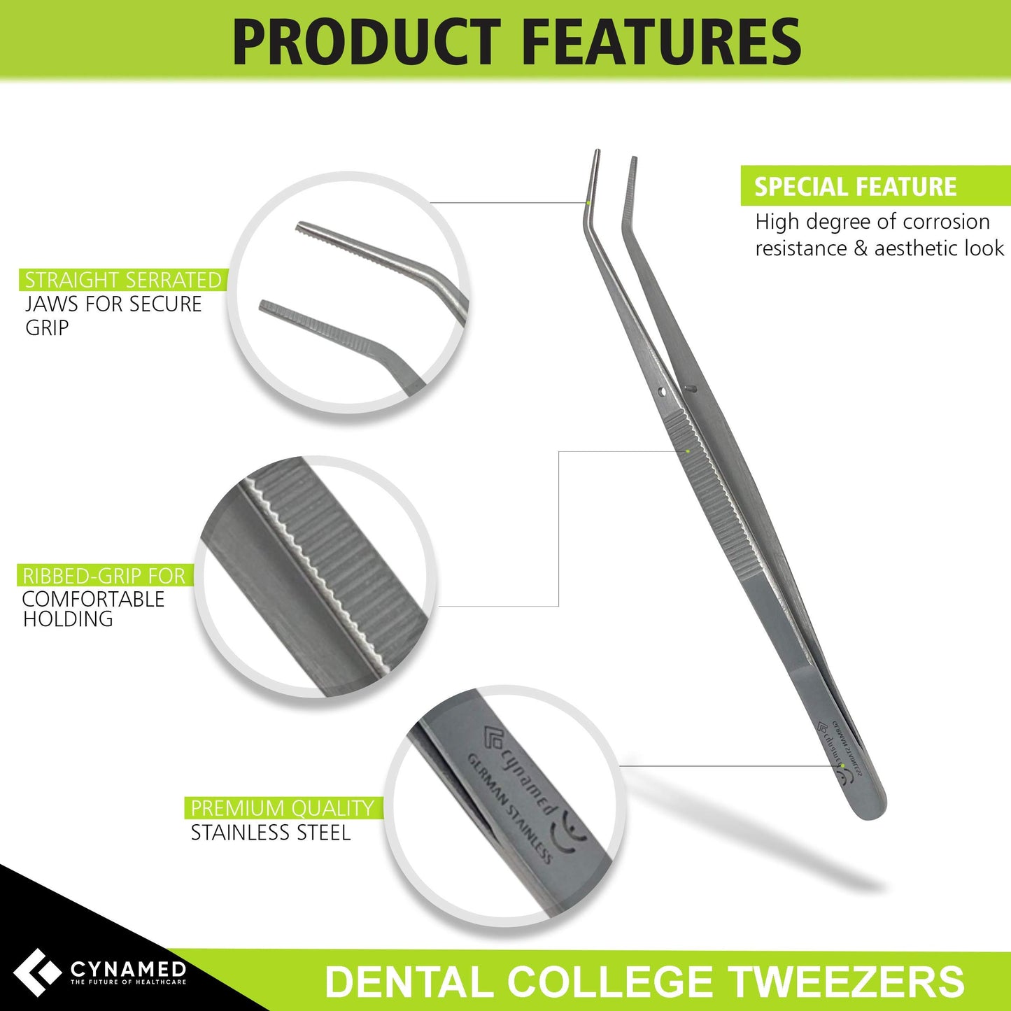Cynamed Premium Dental College Tweezer Tools-Stainless Steel with Curved Serrated Tip Multipurpose Forceps for Oral Care Denture Teeth Cleaning (1)