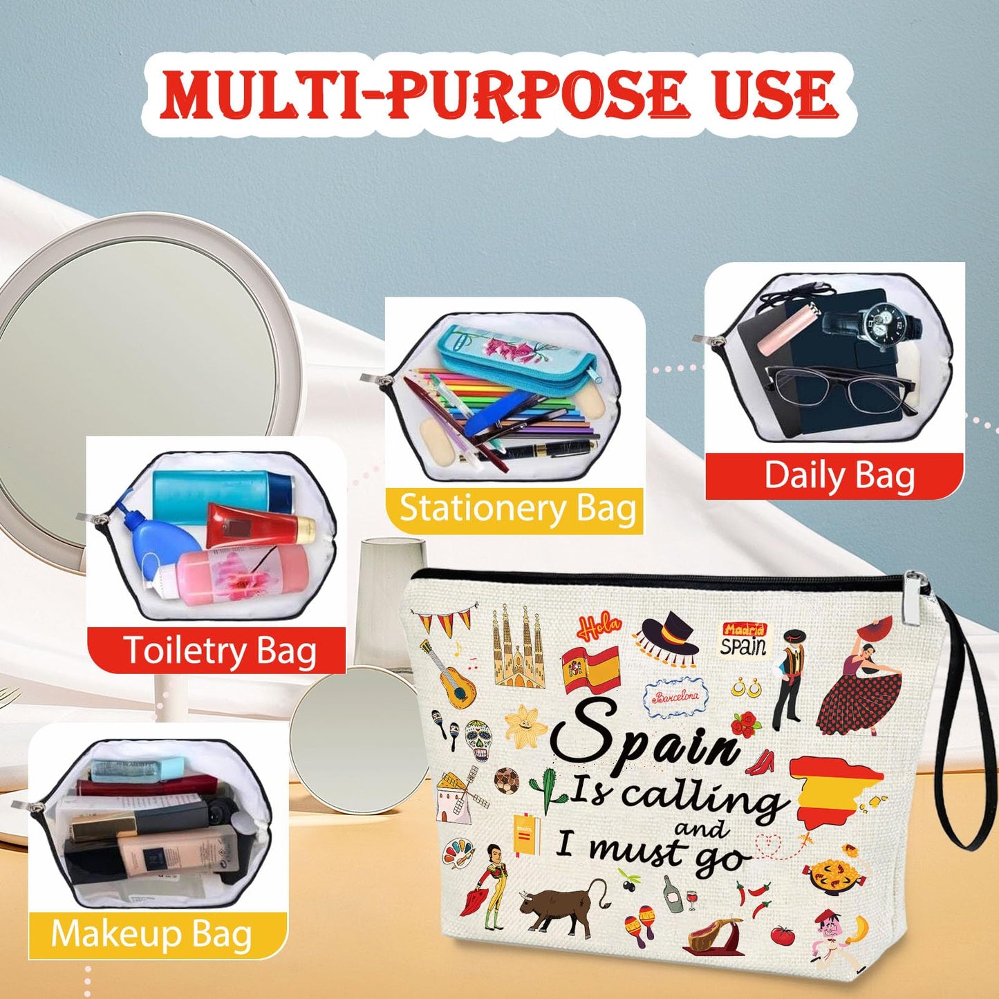 Virfuntaki Spain Gift Europe Cruise Trip for Women Girl Makeup Bag Travel Spain Souvenir Cosmetic Case Spain Vacation Present Zipper Organiser Pouch Spanish Spain Decor