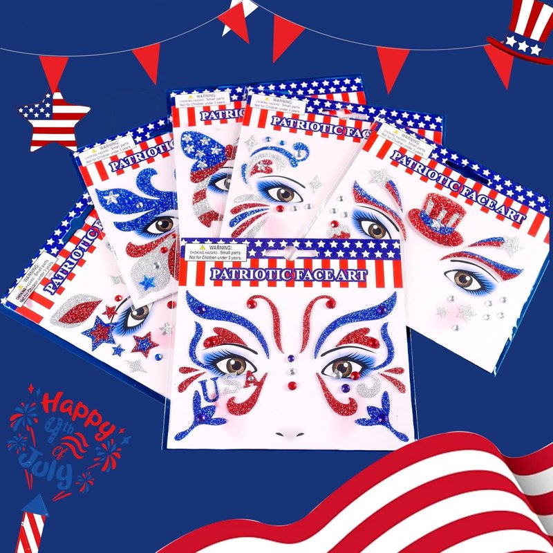 Independence Day Temporary Tattoos - 6Pcs Red, White & Blue Glitter Face Stickers | Self-Adhesive Star Art for 4th of July
