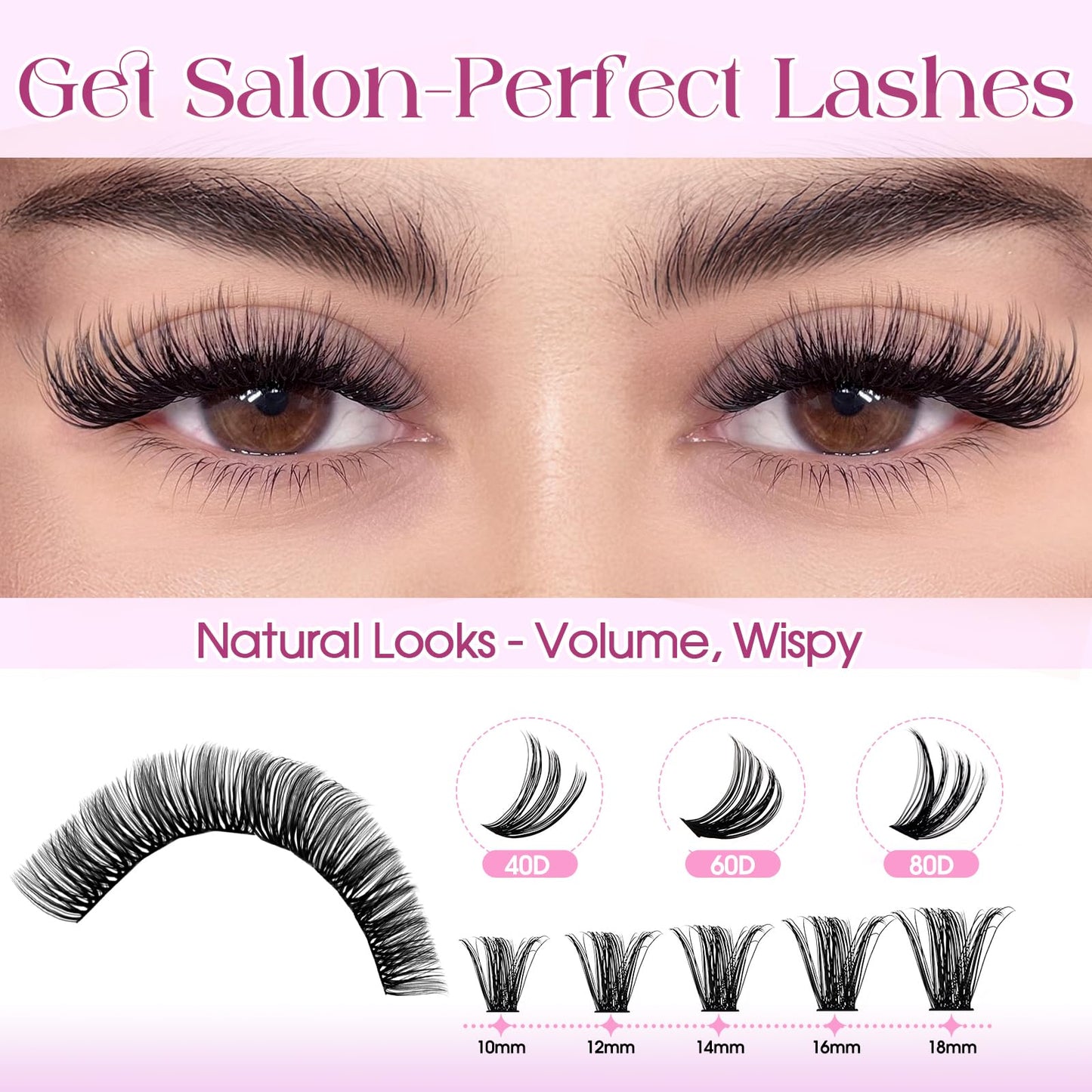 Natural Lash Clusters Kit Packs: Wendy, 1078Pcs, 40D, 60D, 60D, 80D, D Curl, 10-18mm Mixed, Soft, Cat Eye, DIY Eyelash, Individual, Fake Lashes, Bulk Pack