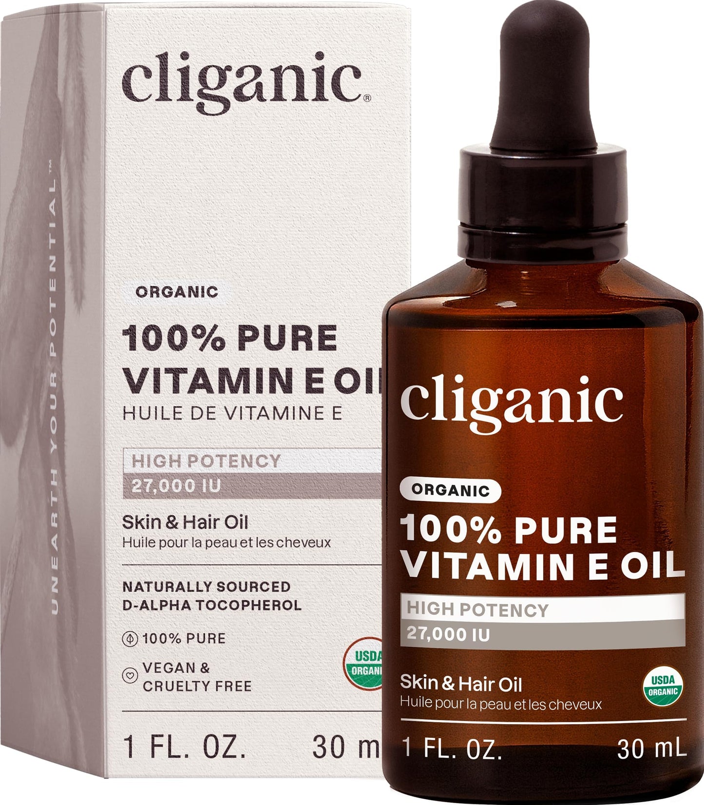 Cliganic Organic Pure Vitamin E Oil for Skin, Hair & Face - 27,000 IU, Non-GMO Verified | Natural D-Alpha Tocopherol