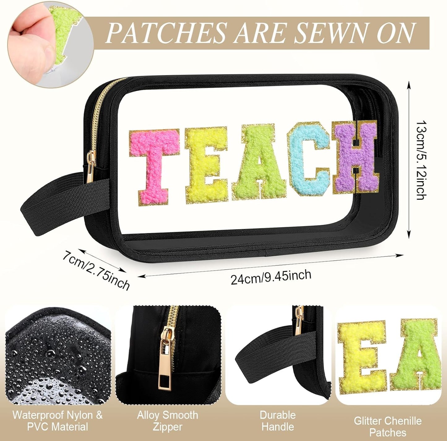 Teacher Survival Kit Bag - Waterproof Clear Makeup Pouch with Chenille Letters | Perfect Gift for Women