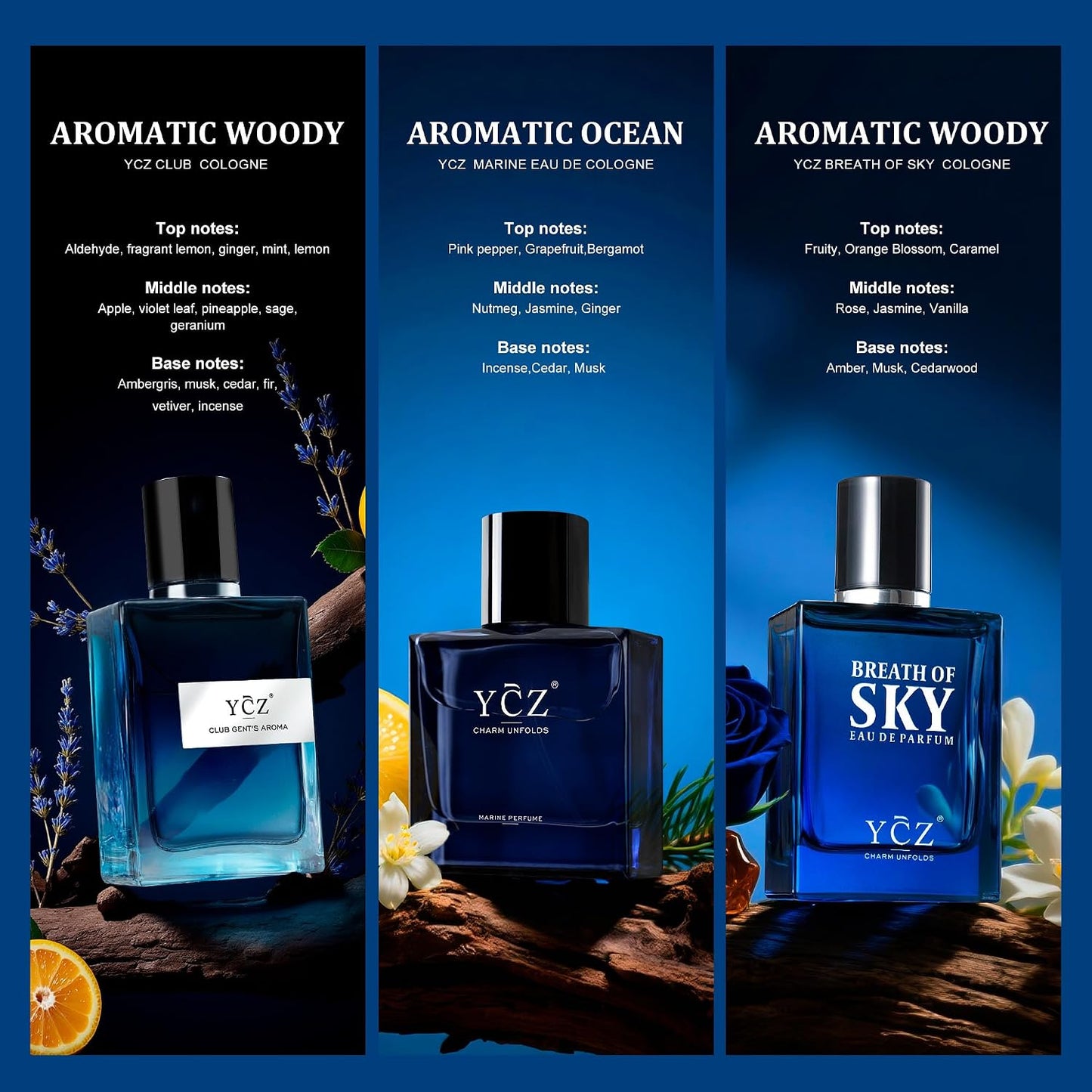 Ycz Cologne for Men - 3-Piece Gift Set with Ocean, Sky & Club Fragrances | 50ml Each, Woody Fresh Citrus Scent