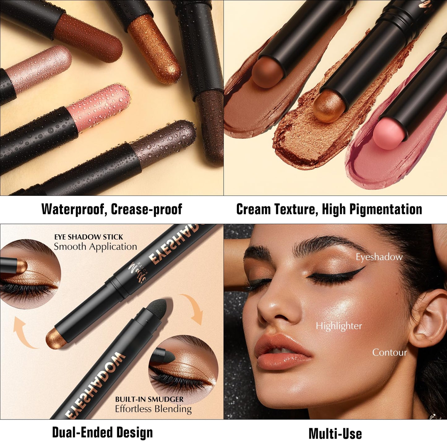 Wugbc Dual-Ended Chocolate Eyeshadow Stick - Long-Lasting Cream Eye Shadow Stick Crease-Proof Matte Eyeshadow Pencil, Easily Blendable Multi-Use Neutral Eyeliner Makeup with Built-in Smudger, 13
