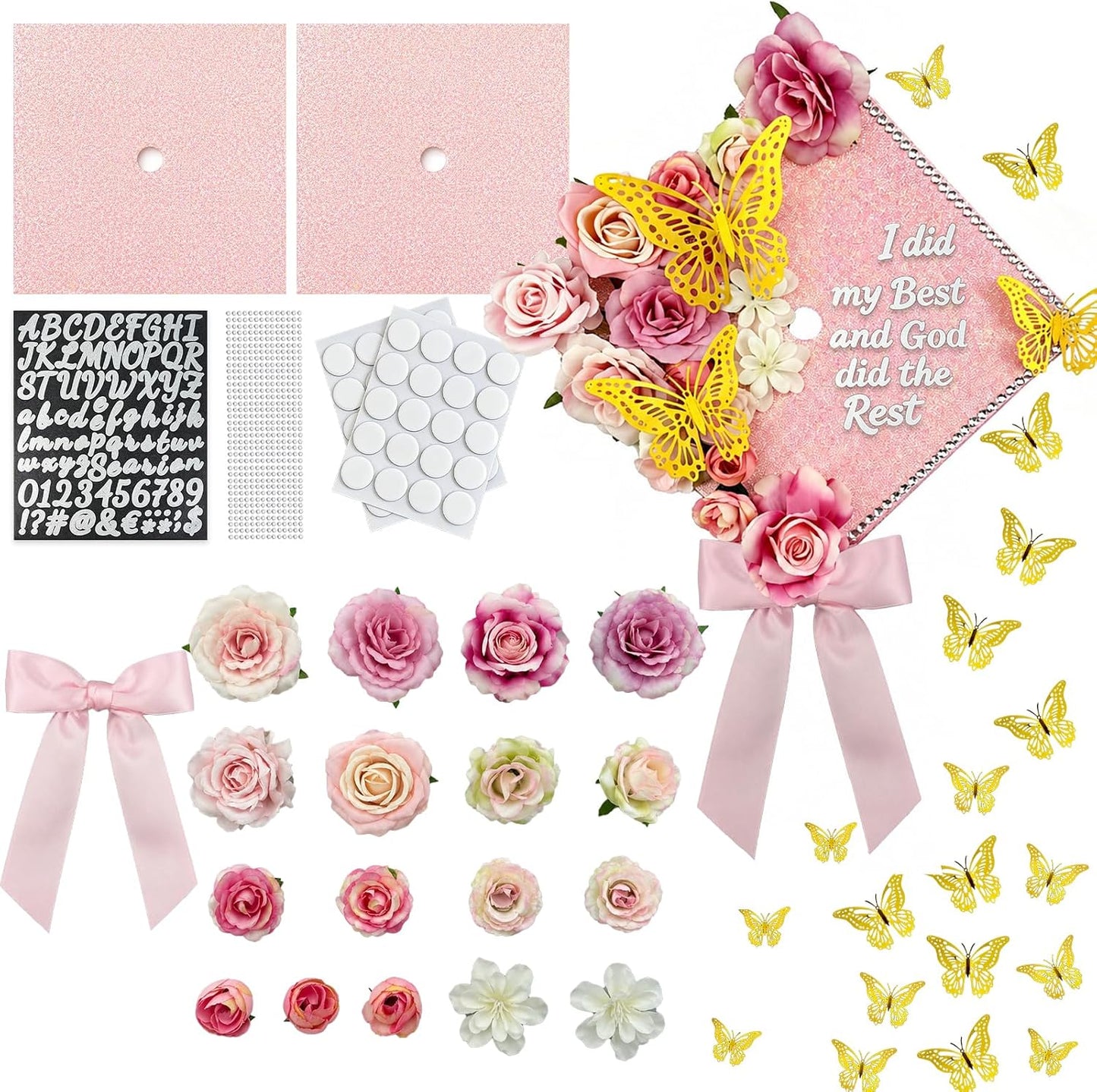 DIY Graduation Cap Decoration Kit - Faux Rose Flower Heads & 3D Butterfly Glitter Stickers | Black Grad Cap Topper
