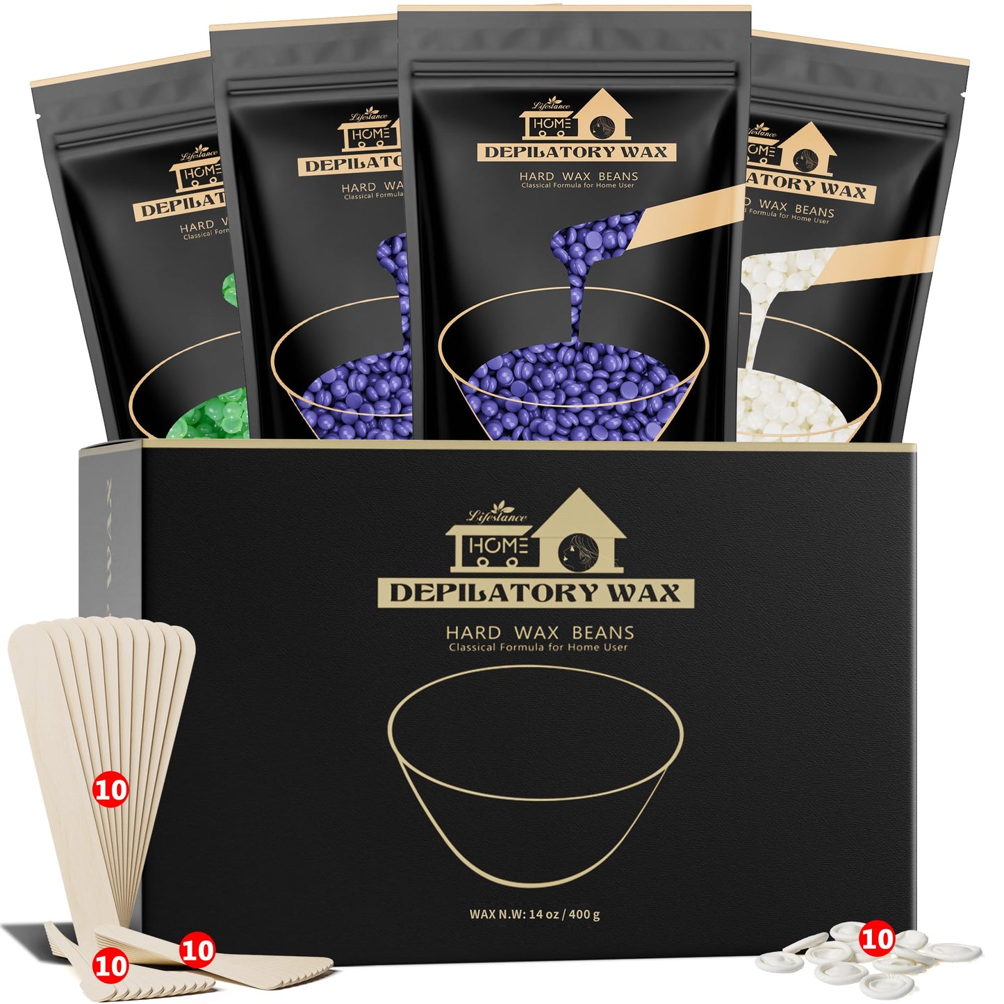 Lifestance Wax Beads Set, 4 Kinds of Waxing Beads, Hard Wax Beans with 44 Items Silicone Spatulas, Perfect for Any Waxing Warmers for Hair Removal for Eyebrow, Face, Body