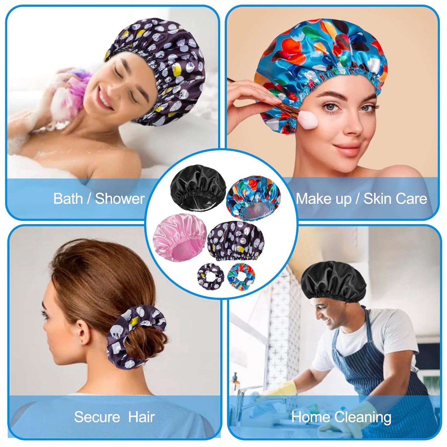 Shower Cap Set of 4 - Reusable Waterproof Double Layer Hair Caps + 2 Satin Scrunchies | Pattern A