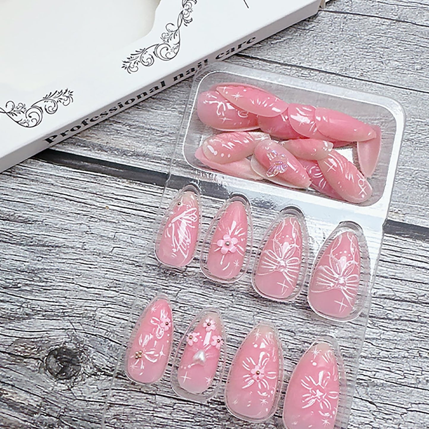 Pink Press-On Nails - 24 Pcs Medium Almond Floral Designs with 3D Flowers & Butterflies | Spring Summer Acrylic Set