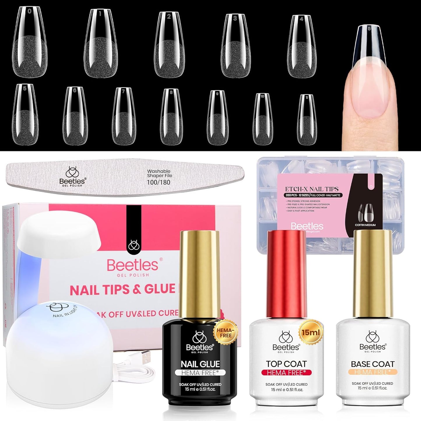 Coffin Gel Nail Tips | Medium Half Matte Press-On Nails - 288 Pcs, 12 Sizes for Easy DIY Manicure