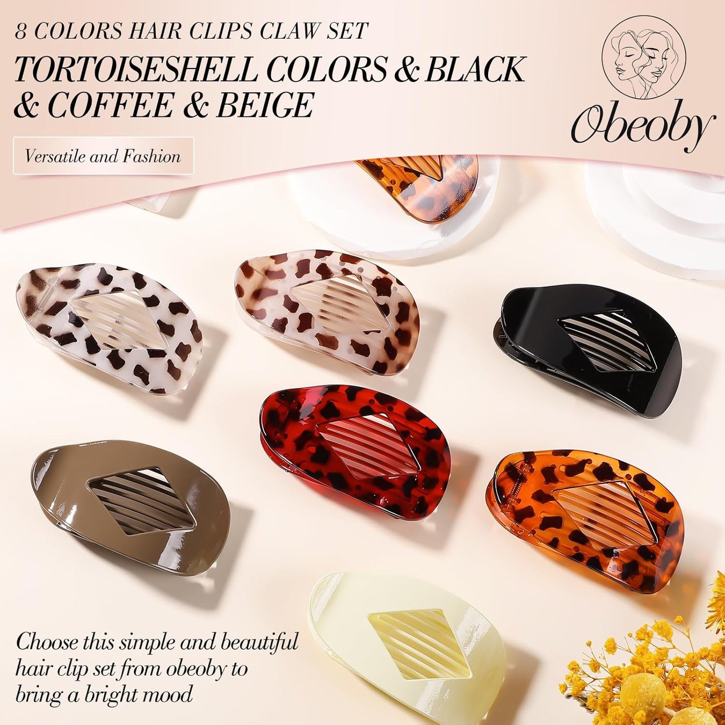 Flat Claw Clips for Women - 8 Pcs Strong Hold Tortoiseshell Hair Accessories | Large & Medium Sizes
