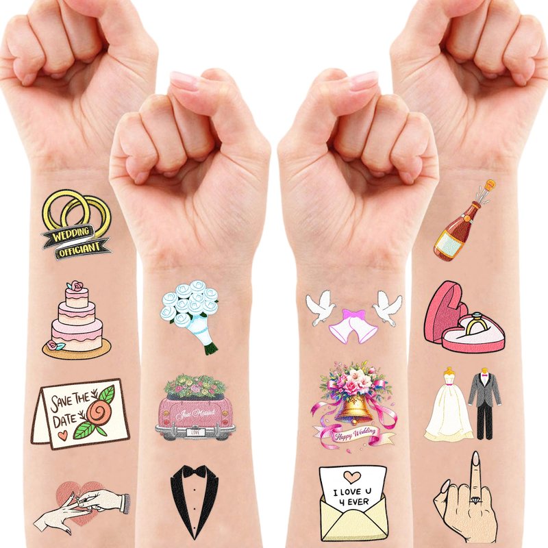 96 PCS Wedding Pre-Cut Temporary Tattoos Birthday Party Decorations Favors Supplies Gold Bridal Ring Diamond Bachelorette Mr & Mrs Engagement Stickers Girls Boys Classroom School Prizes Reward