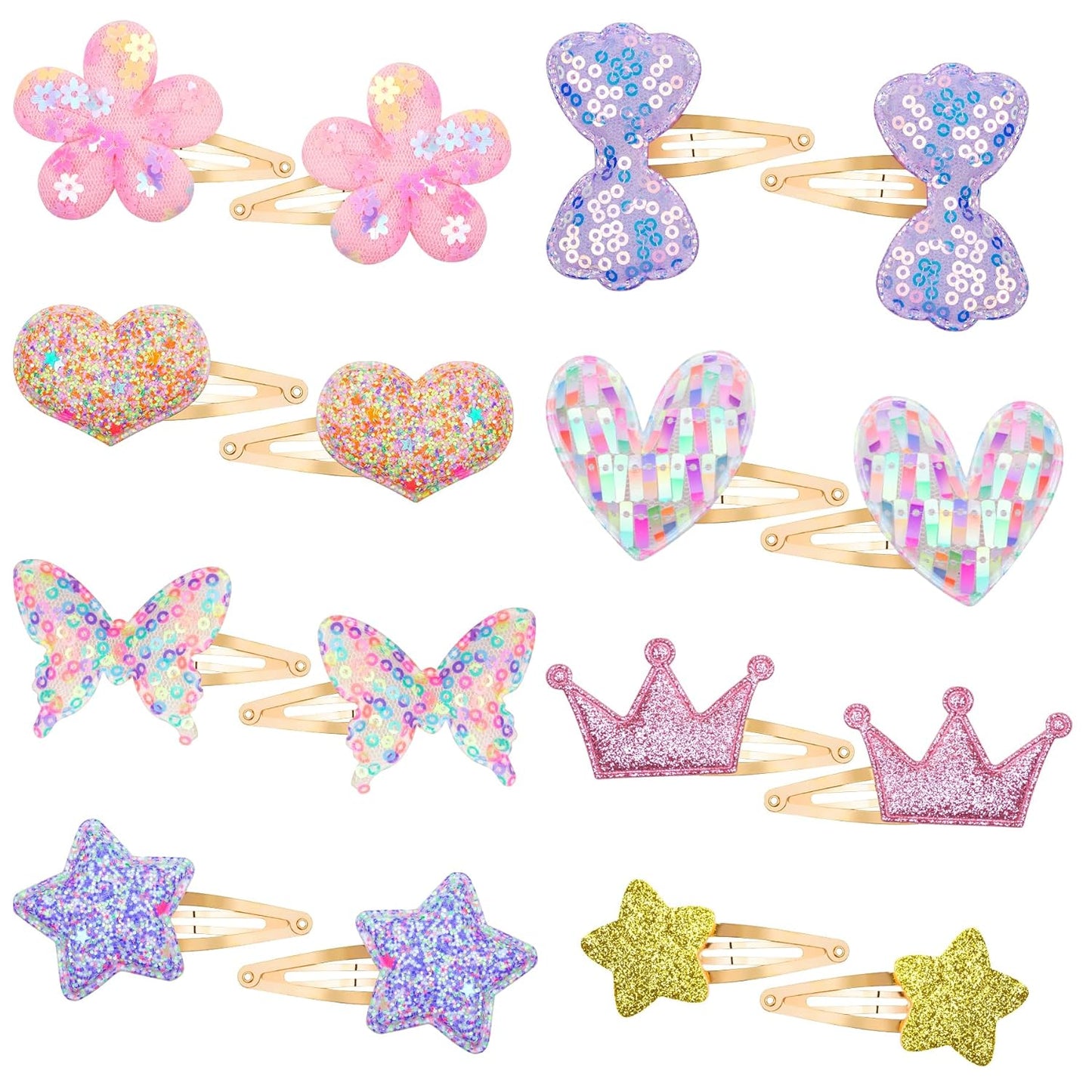 Hair Clips Set - 16 Sparkly Metal Snap Barrettes for Girls | Flower, Star, Crown, Heart & Butterfly Designs