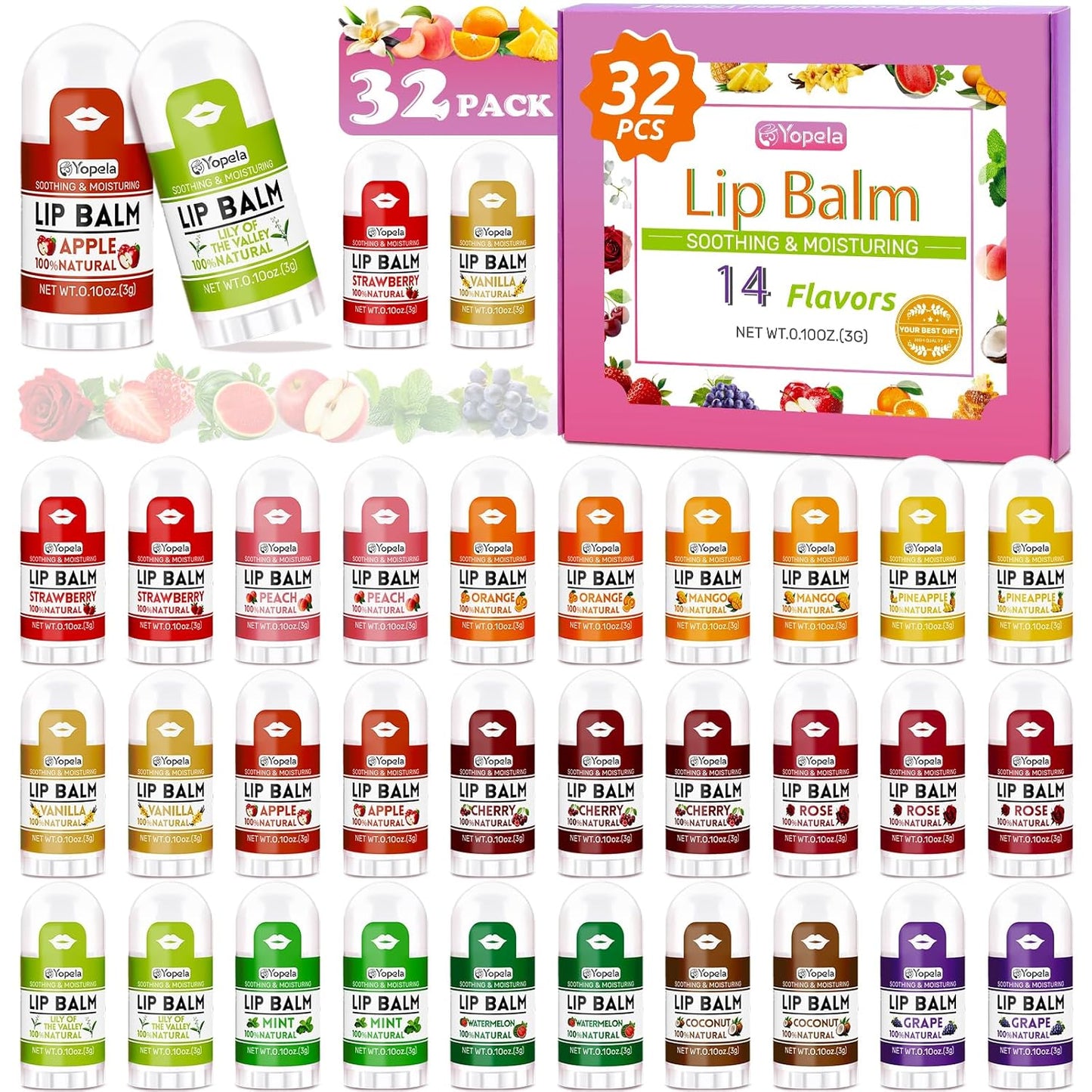 Mini Lip Balm Bulk 42 Pack | Natural Moisturizing Chapsticks with Vitamin E & Coconut Oil - 14 Flavors for Kids & Adults