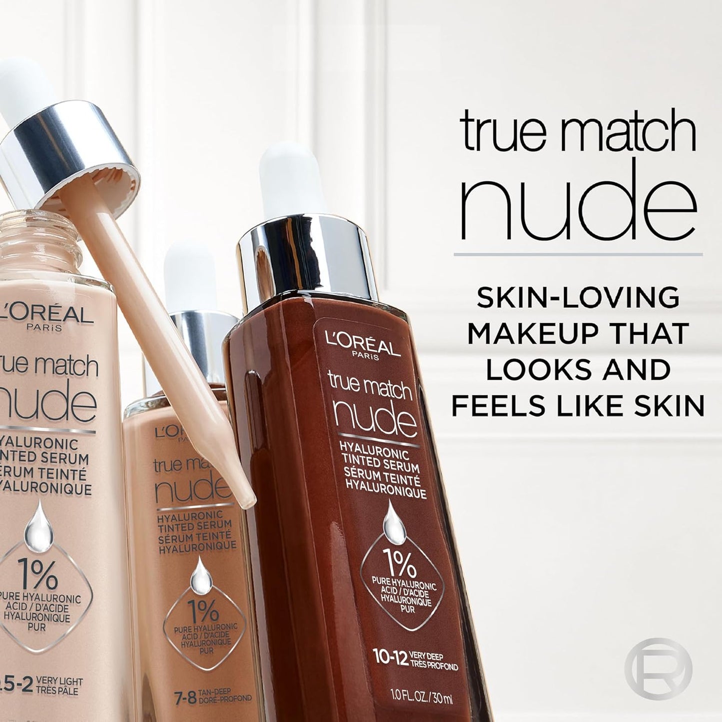 L'Oreal Paris True Match Nude Hyaluronic Tinted Serum Foundation - 1% Hyaluronic Acid, Cool Deep 7.5-8.5, 1 fl. oz.