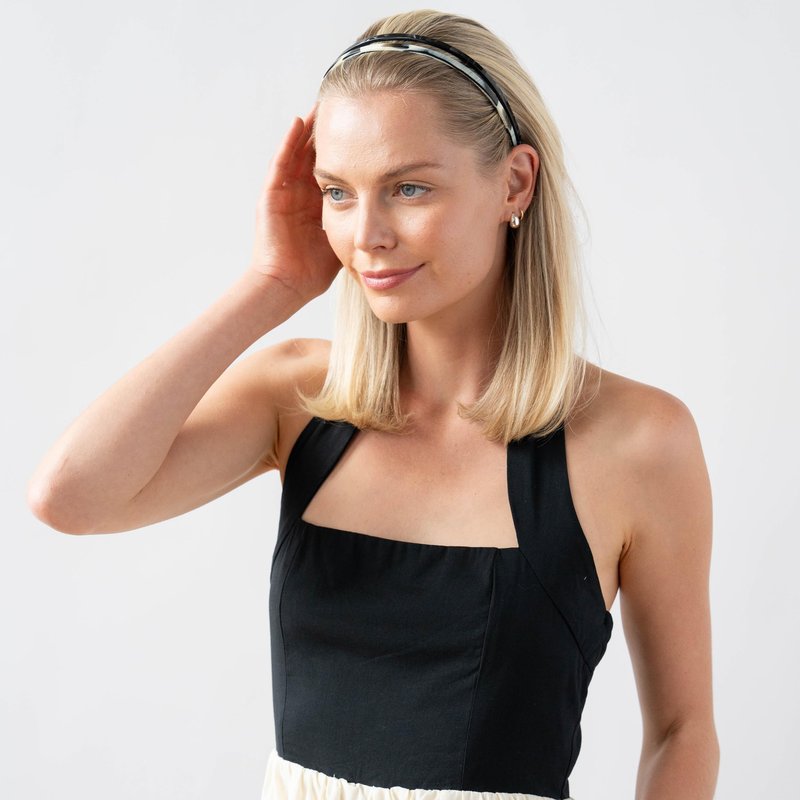 Thin Headband for Women, 1/4" Ultracomfort Plastic Headband, Black & White Horn, Flexible, No Slip Gentle Teeth, All-Day Hold | France Luxe