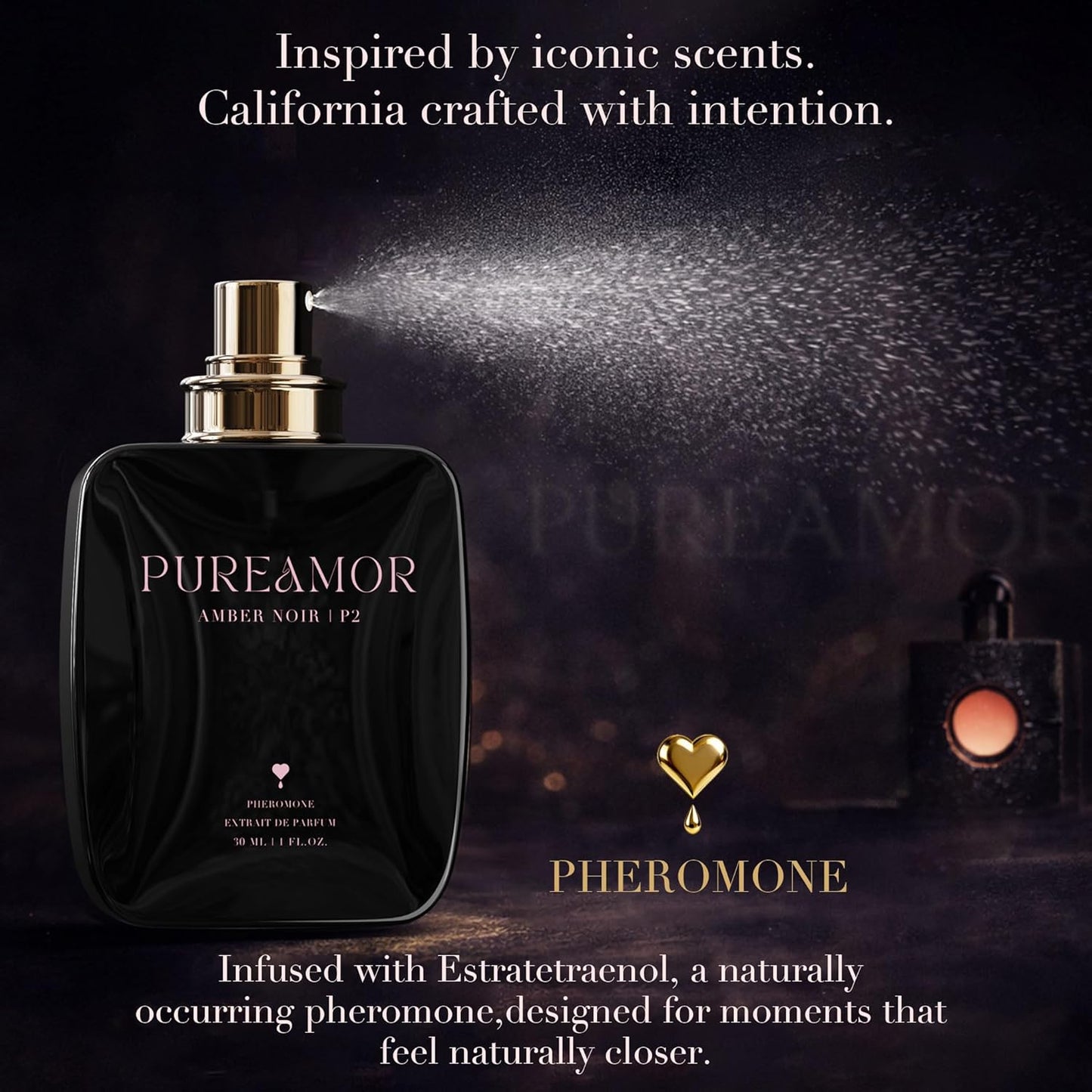 PUREAMOR Pheromone Perfume for Women - Amber Noir Extrait de Parfum | Long-Lasting Vanilla Amber Scent, 1.0 oz (30 ml)