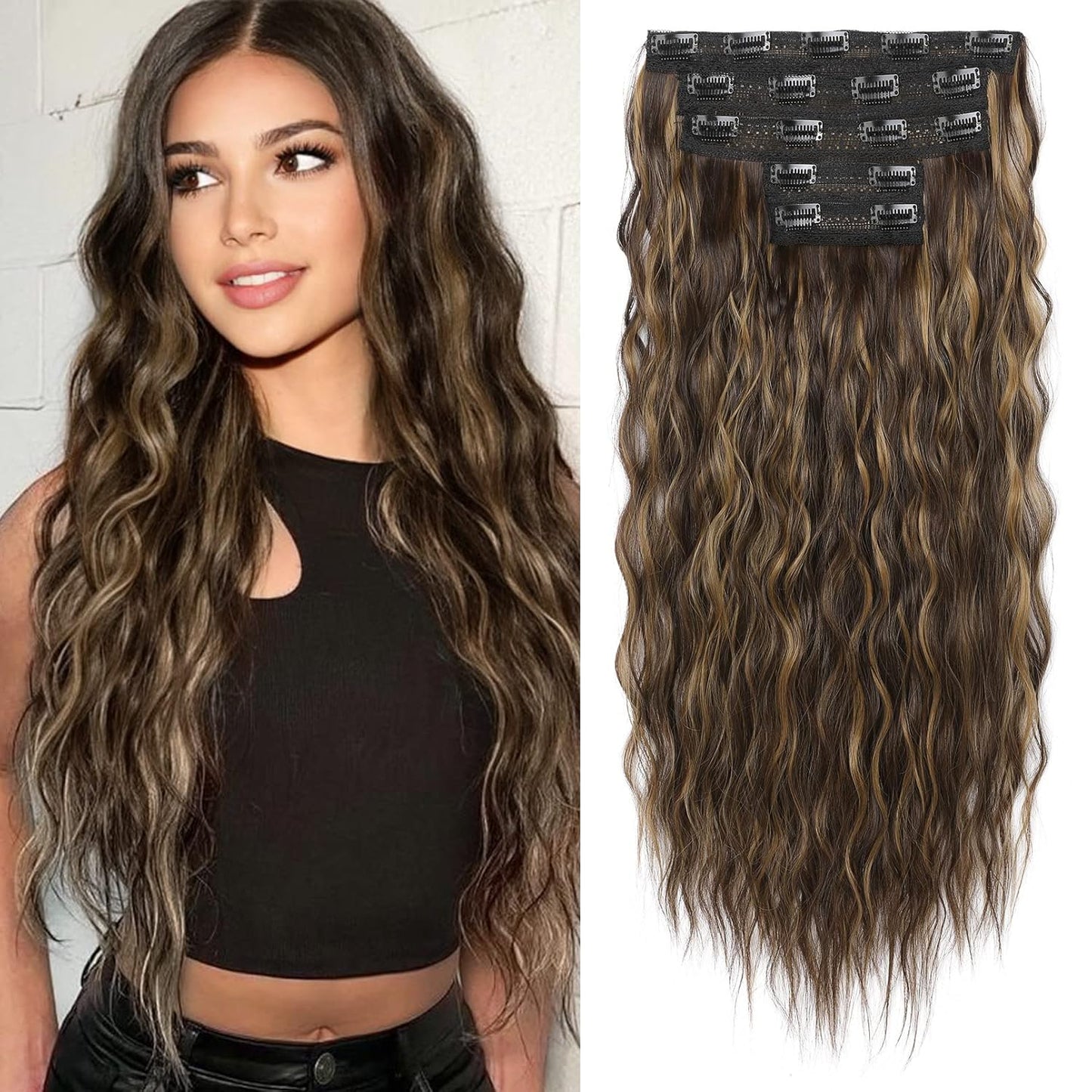 Clip In Hair Extensions - 5PCS Ash Blonde Highlights | 24" Thick Loose Waves, Soft & Natural Hairpieces for Women