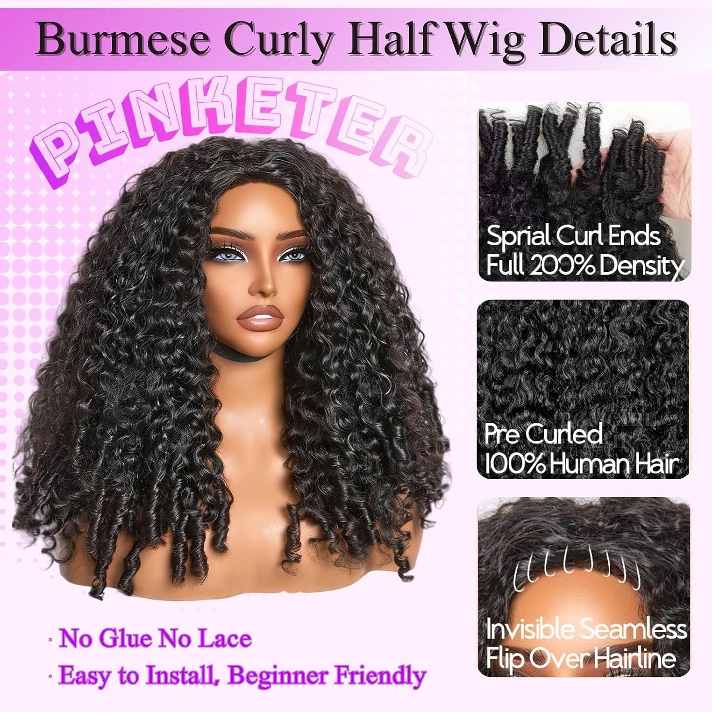 Burmese Curly Half Wig - 200% Density Human Hair | 14-Inch Glueless Flip Over for Black Women
