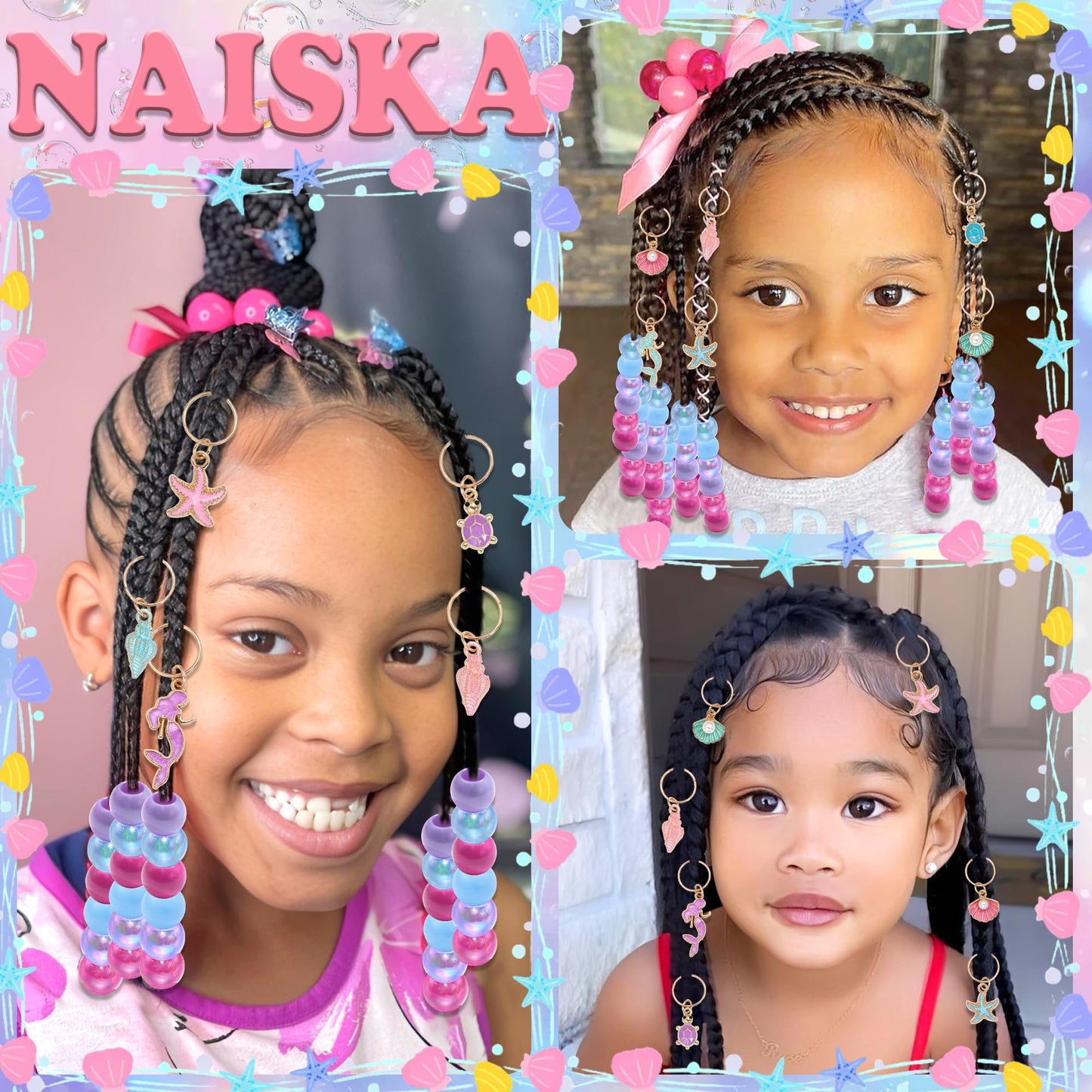 NAISKA 70PCS Pink Blue Beads for Braids Starfish Seashell Hair Charms Colorful Loc Beads Sets Mermaid Hair Jewelry Cute Multi-styles Hair Accessories for Kids Girls