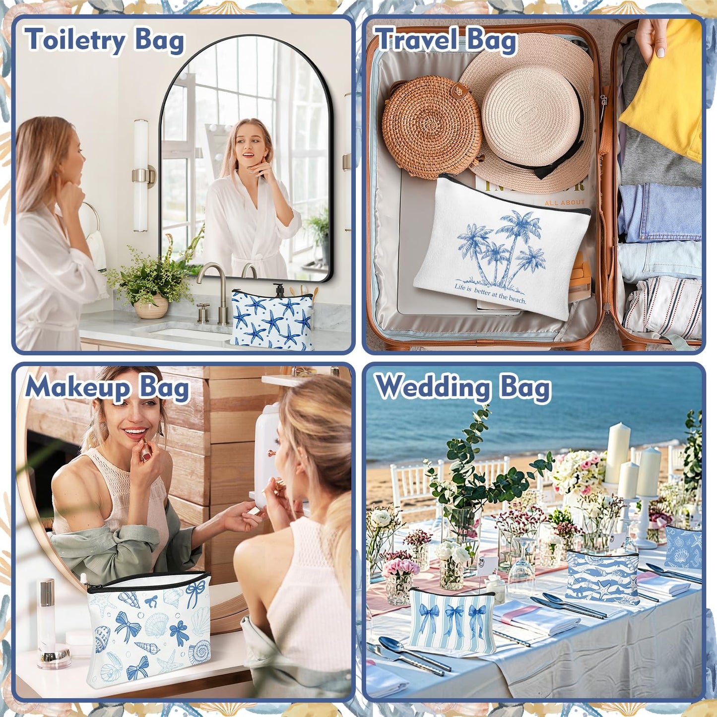 HSDSH 30 Pcs Coastal Makeup Bags Blue Bow Seashell Makeup Bag Ocean Themed Cosmetic Bags Bulk Portable Travel Toiletry Pouches Beach Gifs for Women Nautical Party Favors Beach Accessories