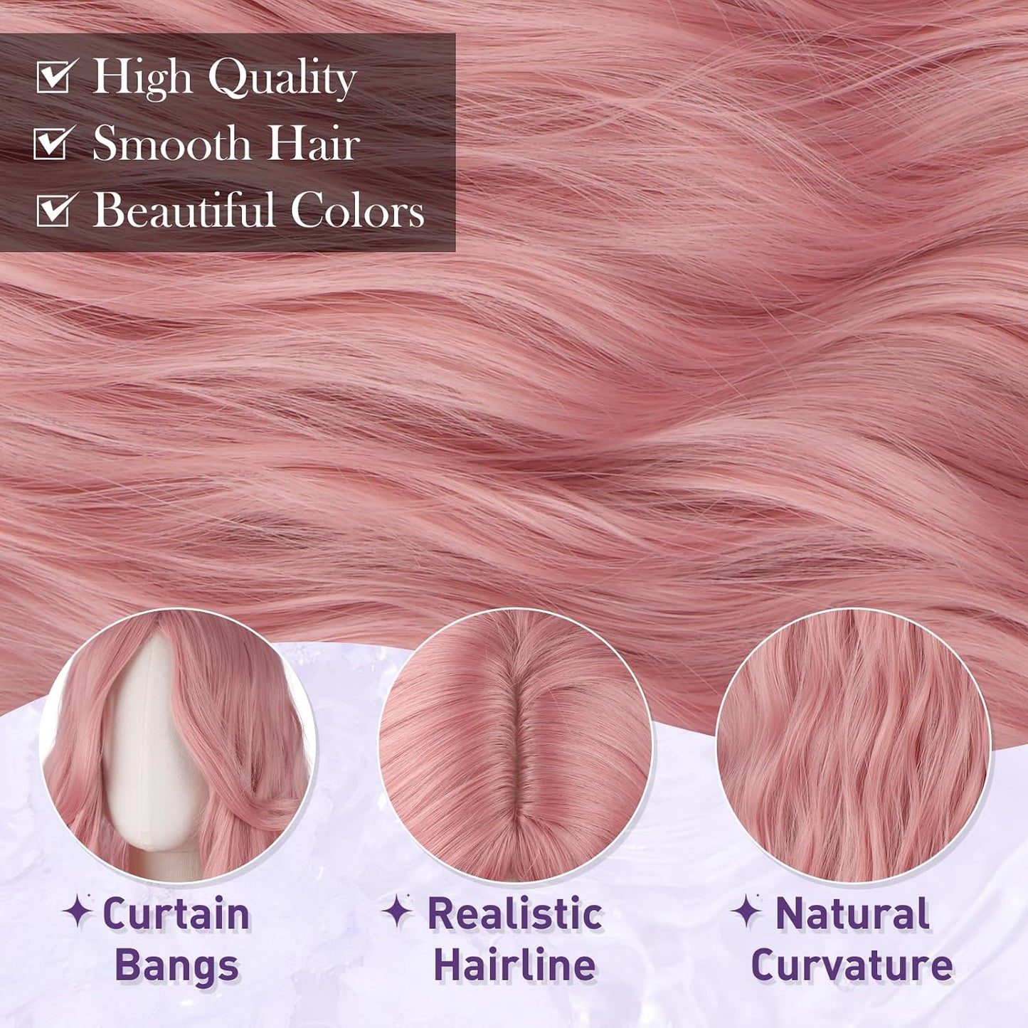 Pink Wigs for Women - Long Wavy Synthetic Hair Wig with Curtain Bangs | 26 Inch Natural Look for Daily Wear & Cosplay